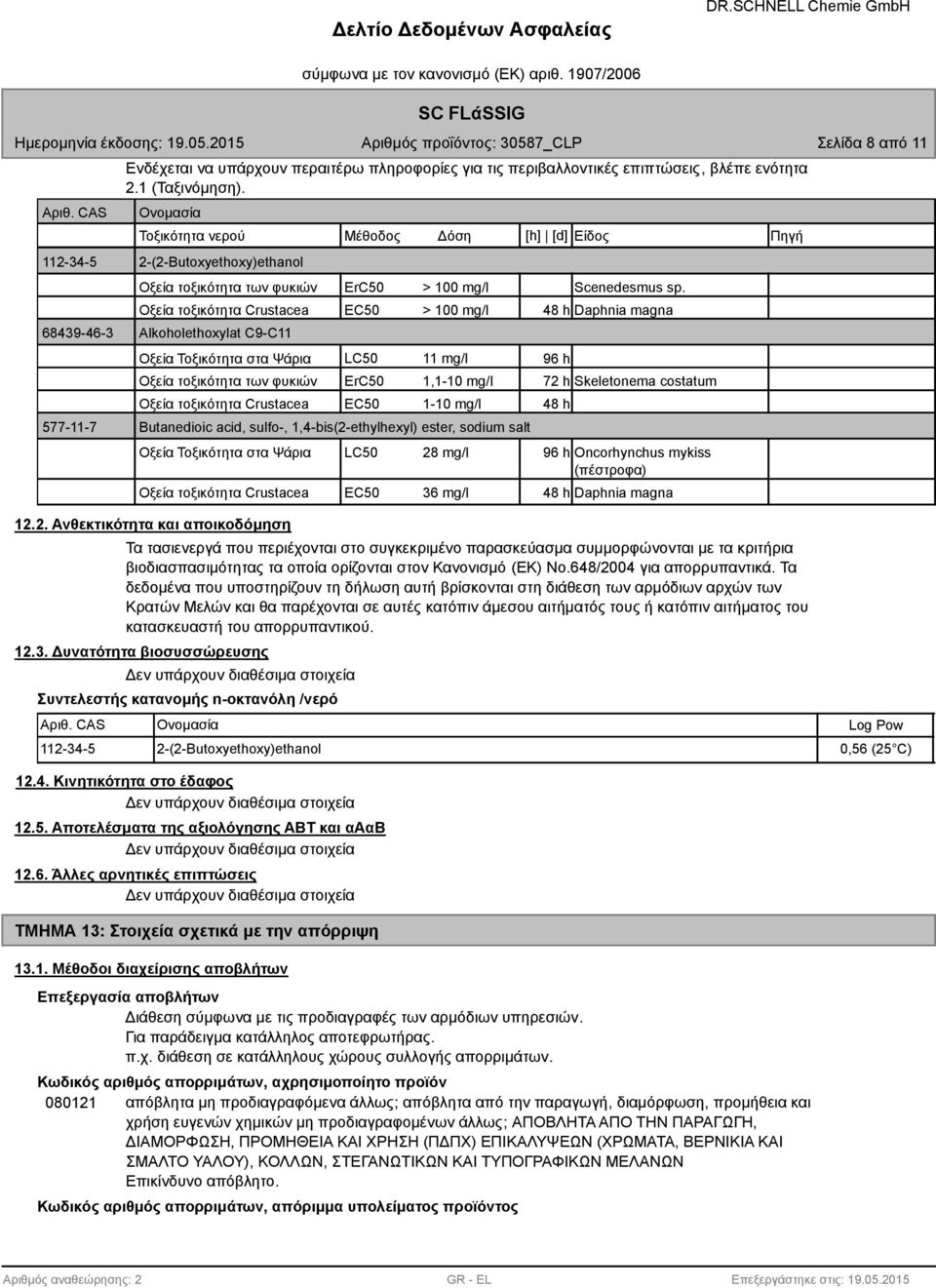 Οξεία τοξικότητα Crustacea Alkoholethoxylat C9-C11 Οξεία Τοξικότητα στα Ψάρια Οξεία τοξικότητα των φυκιών Οξεία τοξικότητα Crustacea EC50 > 100 mg/l 48 h Daphnia magna LC50 11 mg/l 96 h ErC50 1,1-10