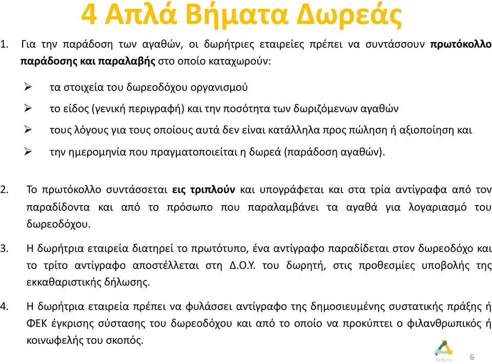 την ποσότητα των δωριζόμενων αγαθών τους λόγους για τους οποίους αυτά δεν είναι κατάλληλα προς πώληση ή αξιοποίηση και την ημερομηνία που πραγματοποιείται η δωρεά (παράδοση αγαθών). 2.