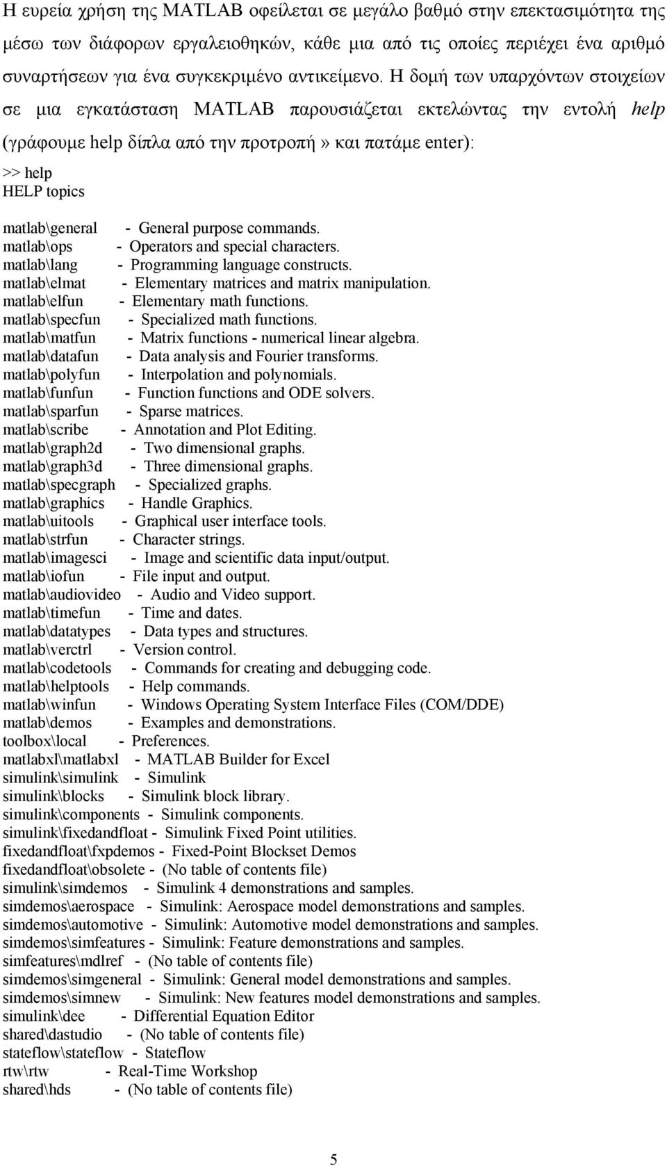 General purpose commands. matlab\ops - Operators and special characters. matlab\lang - Programming language constructs. matlab\elmat - Elementary matrices and matrix manipulation.