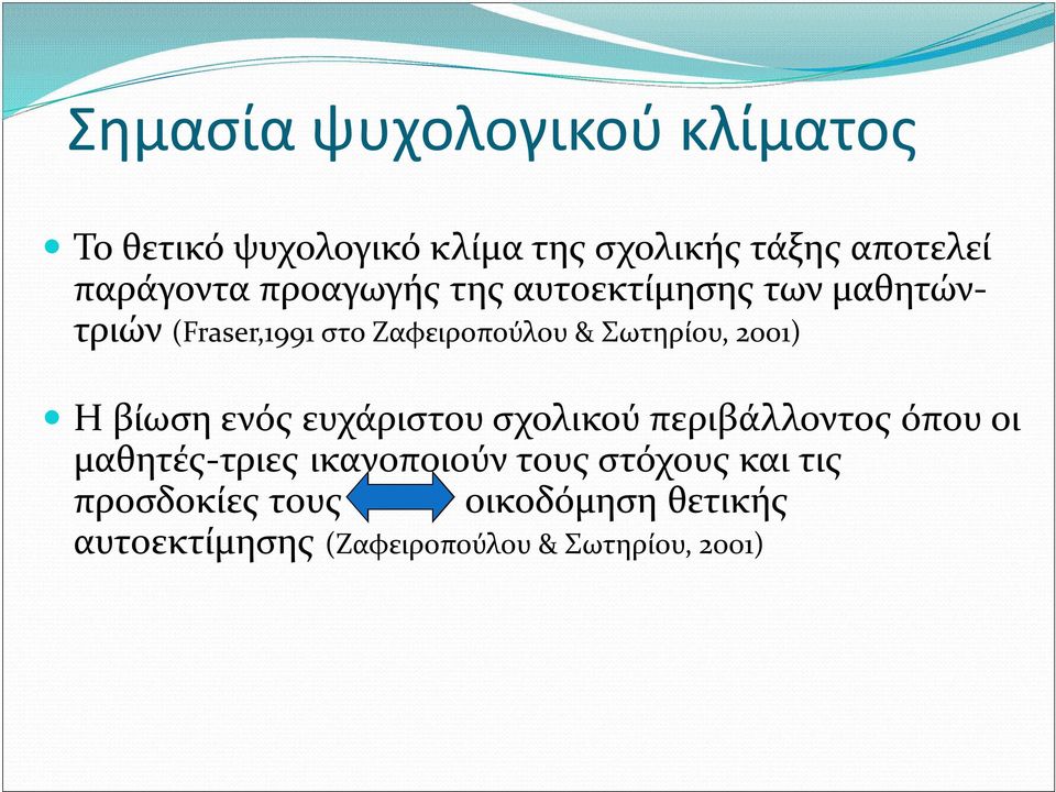 Σωτηρίου, 2001) Η βίωση ενός ευχάριστου σχολικού περιβάλλοντος όπου οι μαθητές-τριες