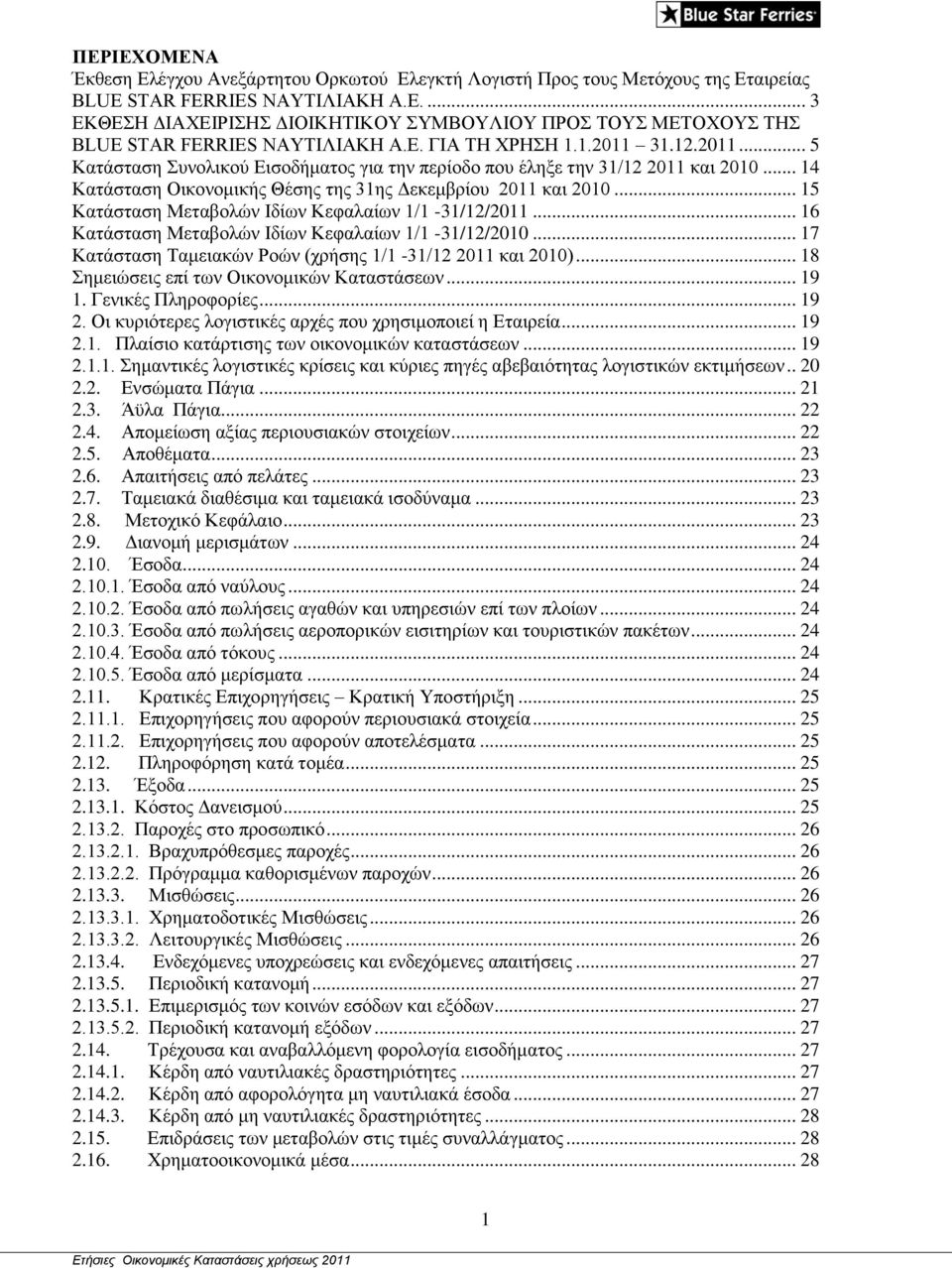 .. 15 Καηάζηαζε Μεηαβνιώλ Ιδίσλ Κεθαιαίσλ 1/1-31/12/2011... 16 Καηάζηαζε Μεηαβνιώλ Ιδίσλ Κεθαιαίσλ 1/1-31/12/2010... 17 Καηάζηαζε Σακεηαθώλ Ρνώλ (ρξήζεο 1/1-31/12 2011 θαη 2010).