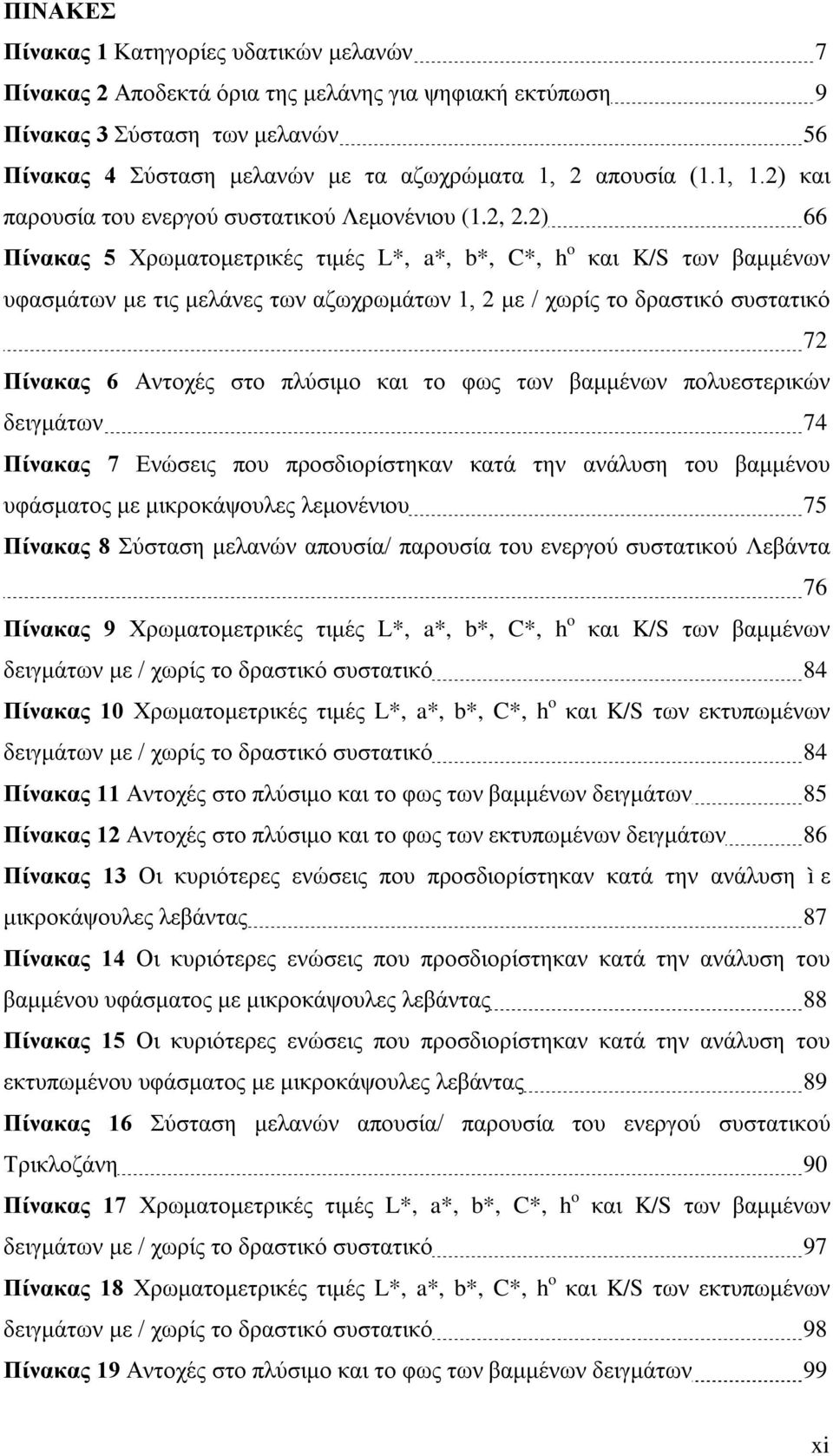 2) 66 Πίνακας 5 Χρωματομετρικές τιμές L*, a*, b*, C*, h o και K/S των βαμμένων υφασμάτων με τις μελάνες των αζωχρωμάτων 1, 2 με / χωρίς το δραστικό συστατικό 72 Πίνακας 6 Αντοχές στο πλύσιμο και το