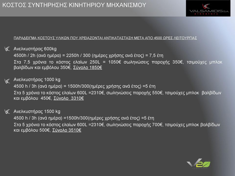 3h (ανά ημέρα) = 1500h/300(ημέρες χρήσης ανά έτος) =5 έτη Στα 5 χρόνια το κόστος ελαίων 600L =2310, σωληνώσεις παροχής 550, τσιμούχες μπλοκ βαλβίδων και εμβόλου 450, Σύνολο 3310