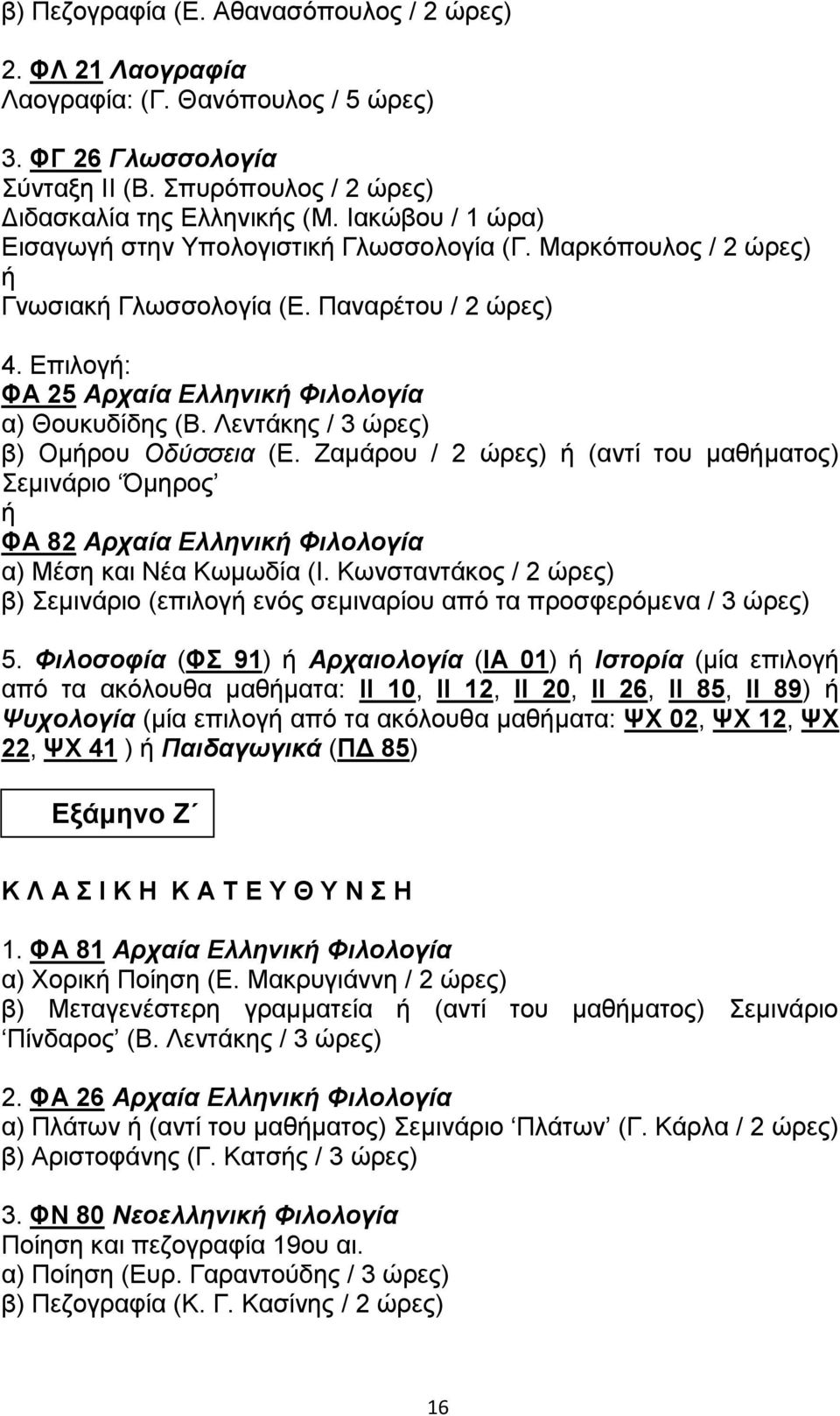 Λεντάκης / 3 ώρες) β) Ομήρου Οδύσσεια (Ε. Ζαμάρου / 2 ώρες) ή (αντί του μαθήματος) Σεμινάριο Όμηρος ή ΦΑ 82 Αρχαία Ελληνική Φιλολογία α) Μέση και Νέα Κωμωδία (Ι.