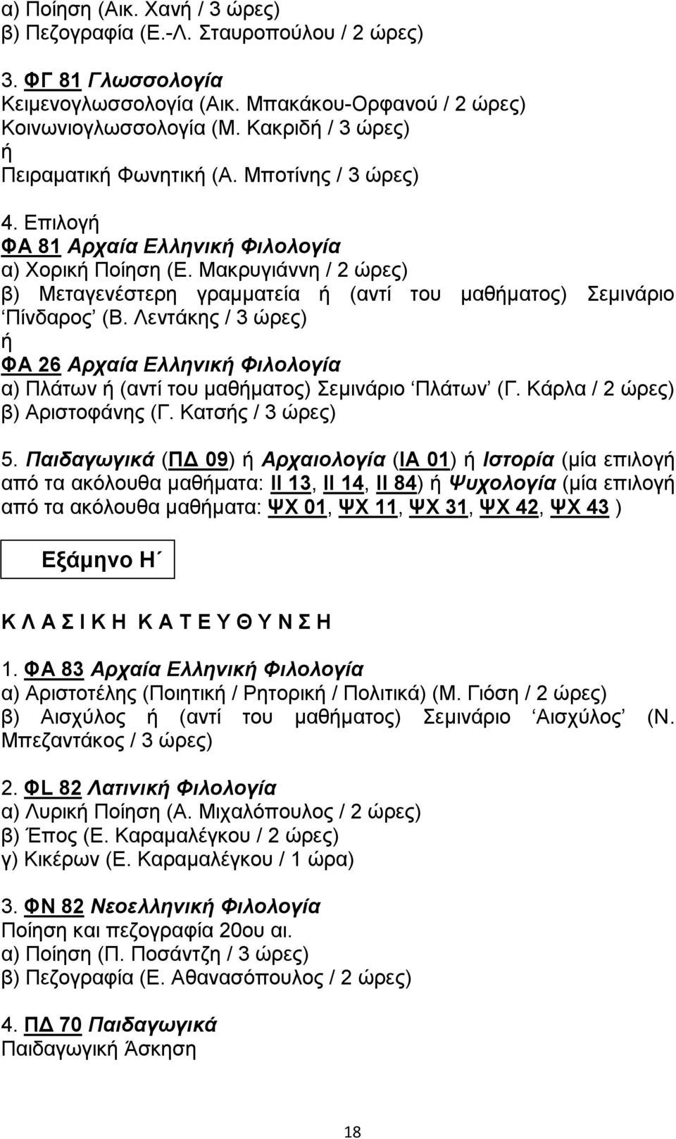 Μακρυγιάννη / 2 ώρες) β) Μεταγενέστερη γραμματεία ή (αντί του μαθήματος) Σεμινάριο Πίνδαρος (Β.