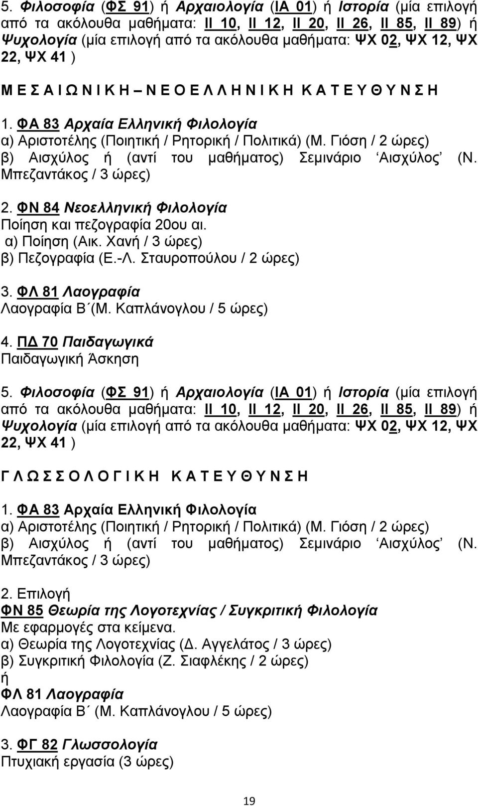 Γιόση / 2 ώρες) β) Αισχύλος ή (αντί του μαθήματος) Σεμινάριο Αισχύλος (Ν. Μπεζαντάκος / 3 ώρες) 2. ΦΝ 84 Νεοελληνική Φιλολογία Ποίηση και πεζογραφία 20ου αι. α) Ποίηση (Αικ.