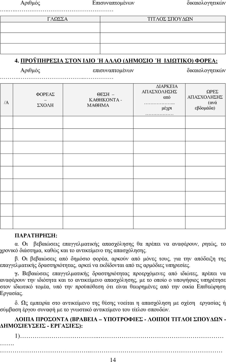 Οι βεβαιώσεις επαγγελματικής απασχόλησης θα πρέπει να αναφέρουν, ρητώς, το χρονικό διάστημα, καθώς και το αντικείμενο της απασχόλησης. β. Οι βεβαιώσεις από δημόσιο φορέα, αρκούν από μόνες τους, για την απόδειξη της επαγγελματικής δραστηριότητας, αρκεί να εκδίδονται από τις αρμόδιες υπηρεσίες.