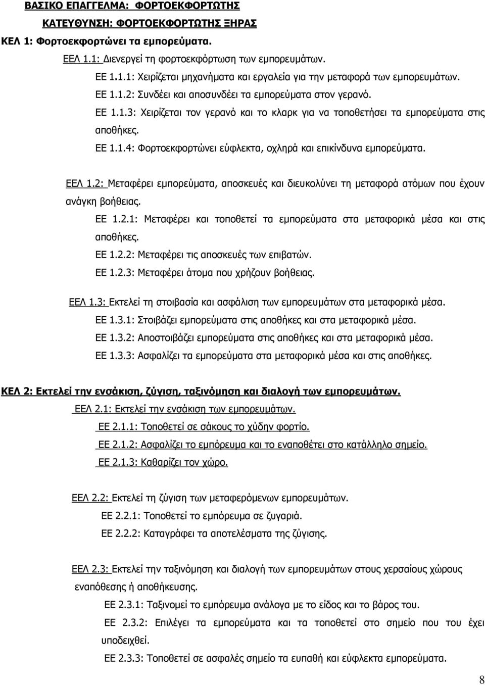 ΕΕΛ 1.2: Μεταφέρει εμπορεύματα, αποσκευές και διευκολύνει τη μεταφορά ατόμων που έχουν ανάγκη βοήθειας. ΕΕ 1.2.1: Μεταφέρει και τοποθετεί τα εμπορεύματα στα μεταφορικά μέσα και στις αποθήκες. ΕΕ 1.2.2: Μεταφέρει τις αποσκευές των επιβατών.