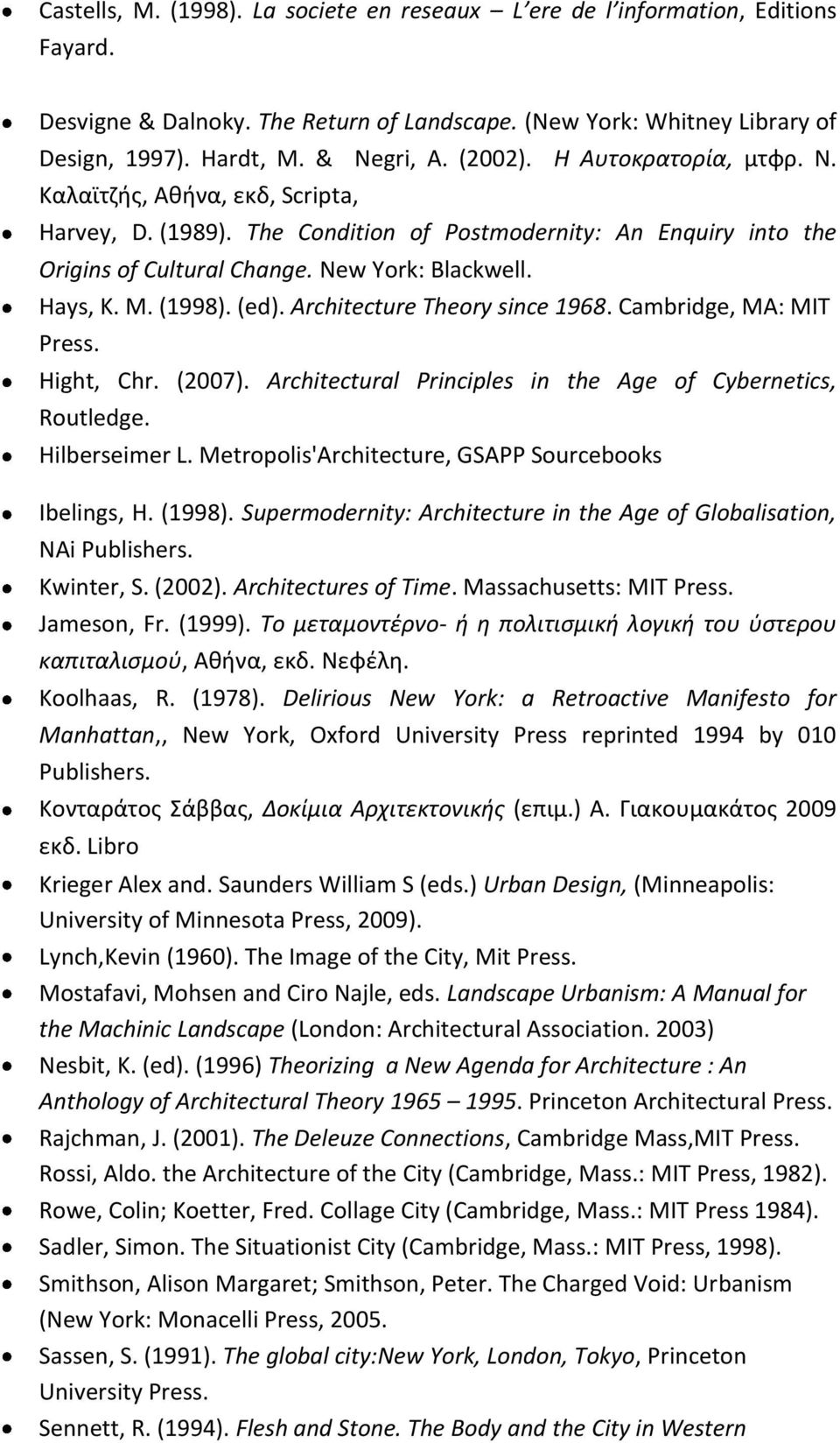 (1998). (ed). Architecture Theory since 1968. Cambridge, MA: MIT Press. Ηight, Chr. (2007). Architectural Principles in the Age of Cybernetics, Routledge. Hilberseimer L.