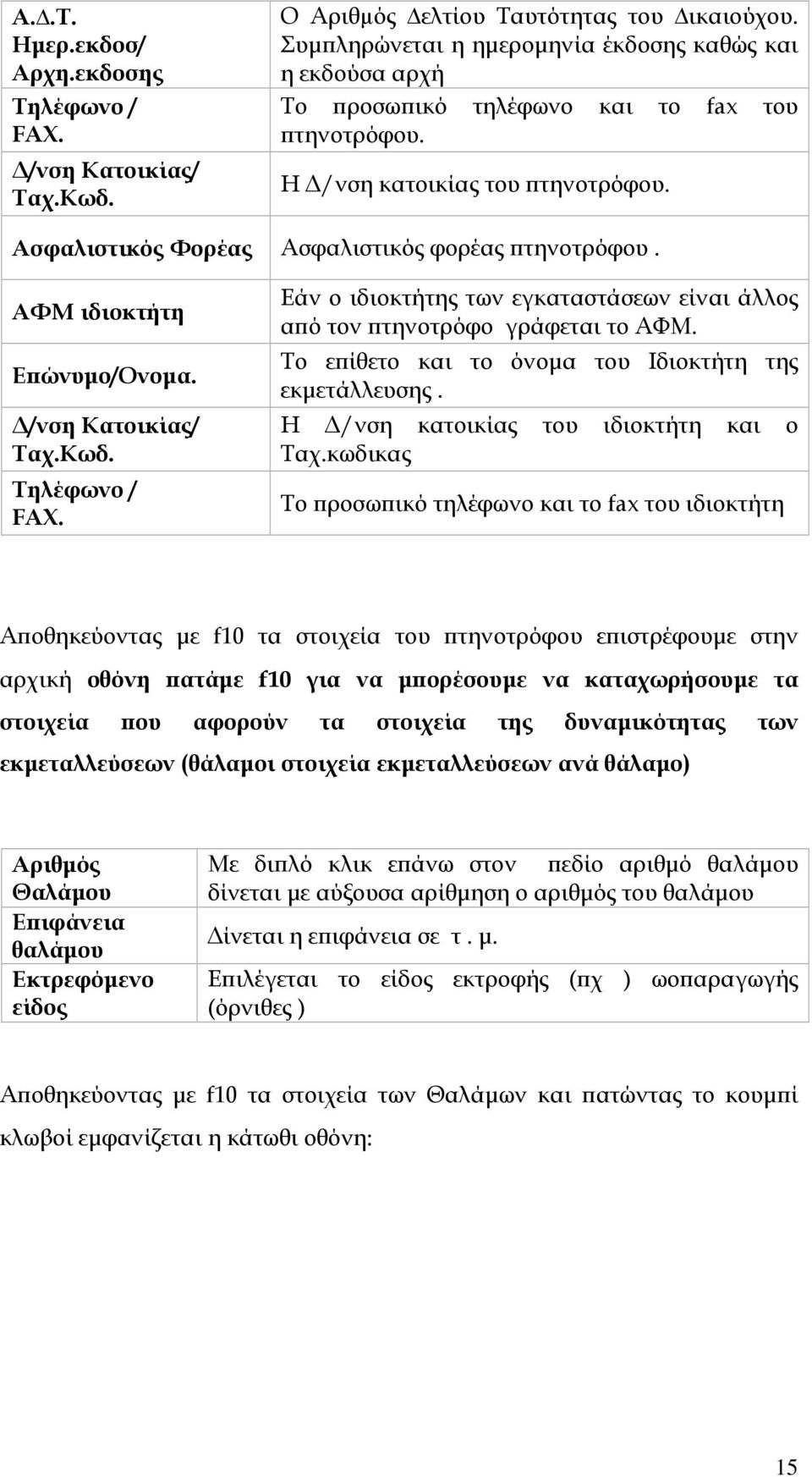 ΑΦΜ ιδιοκτήτη Επώνυμο/Ονομα. Δ/νση Κατοικίας/ Ταχ.Κωδ. Τηλέφωνο / FAX. Εάν ο ιδιοκτήτης των εγκαταστάσεων είναι άλλος από τον πτηνοτρόφο γράφεται το ΑΦΜ.