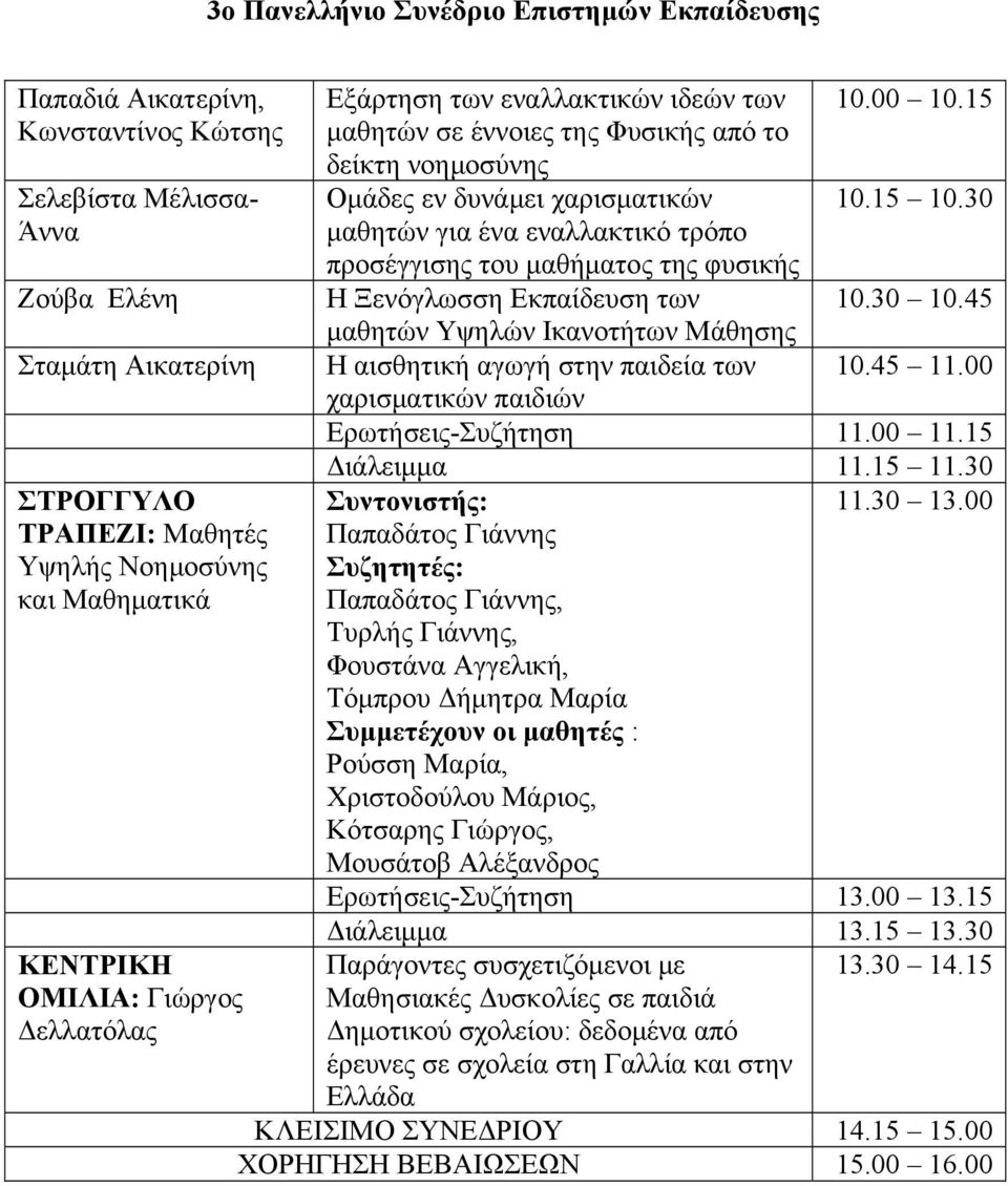 30 μαθητών για ένα εναλλακτικό τρόπο προσέγγισης του μαθήματος της φυσικής Η Ξενόγλωσση Εκπαίδευση των 10.30 10.45 μαθητών Υψηλών Ικανοτήτων Μάθησης Η αισθητική αγωγή στην παιδεία των 10.45 11.