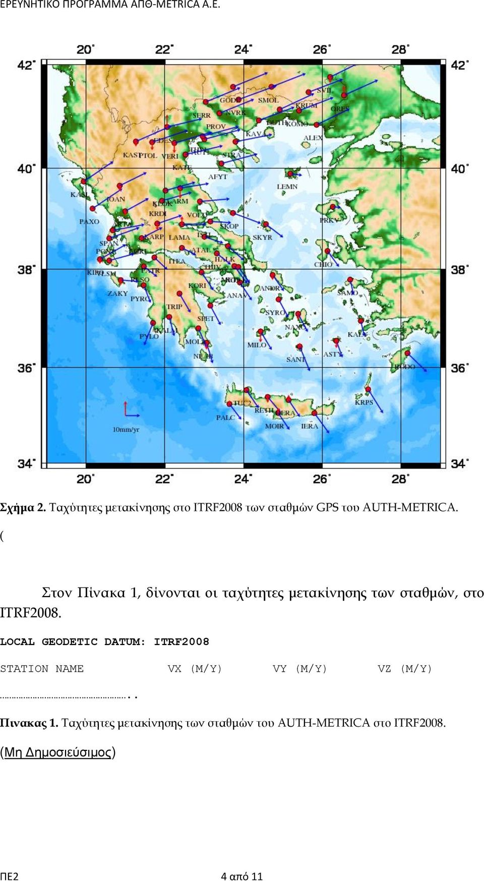 LOCAL GEODETIC DATUM: ITRF2008 STATION NAME VX (M/Y) VY (M/Y) VZ (M/Y).. Πινακας 1.