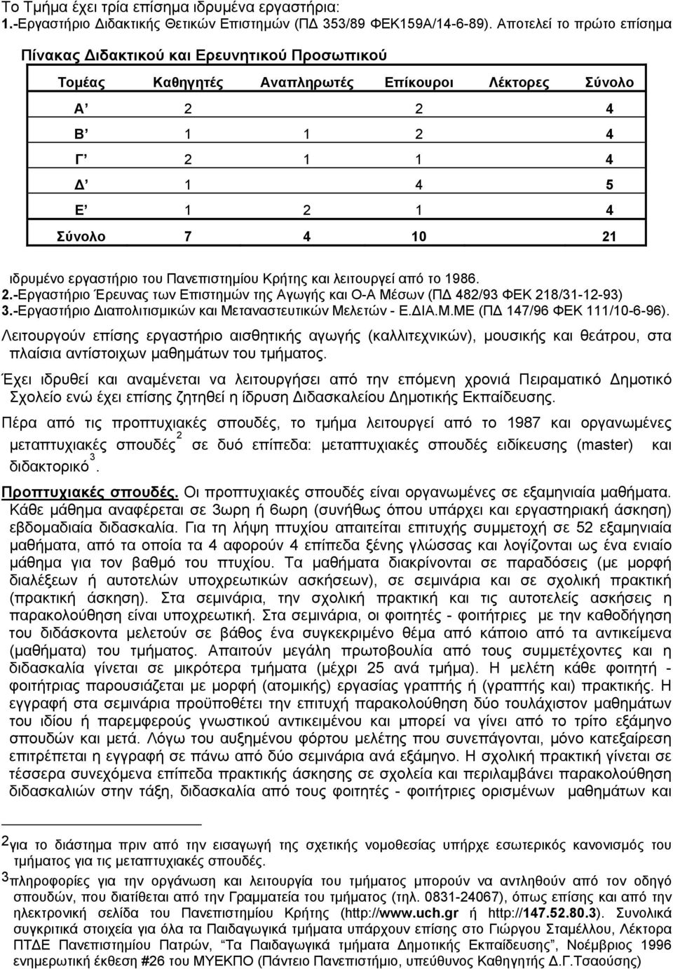 εργαστήριο του Πανεπιστημίου Κρήτης και λειτουργεί από το 1986. 2.-Εργαστήριο Έρευνας των Επιστημών της Αγωγής και Ο-Α Μέσων (ΠΔ 482/93 ΦΕΚ 218/31-12-93) 3.