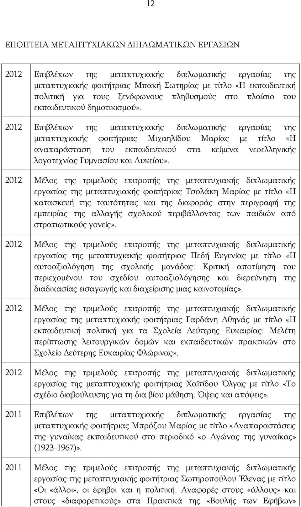 2012 Επιβλέπων της μεταπτυχιακής διπλωματικής εργασίας της μεταπτυχιακής φοιτήτριας Μιχαηλίδου Μαρίας με τίτλο «Η αναπαράσταση του εκπαιδευτικού στα κείμενα νεοελληνικής λογοτεχνίας Γυμνασίου και