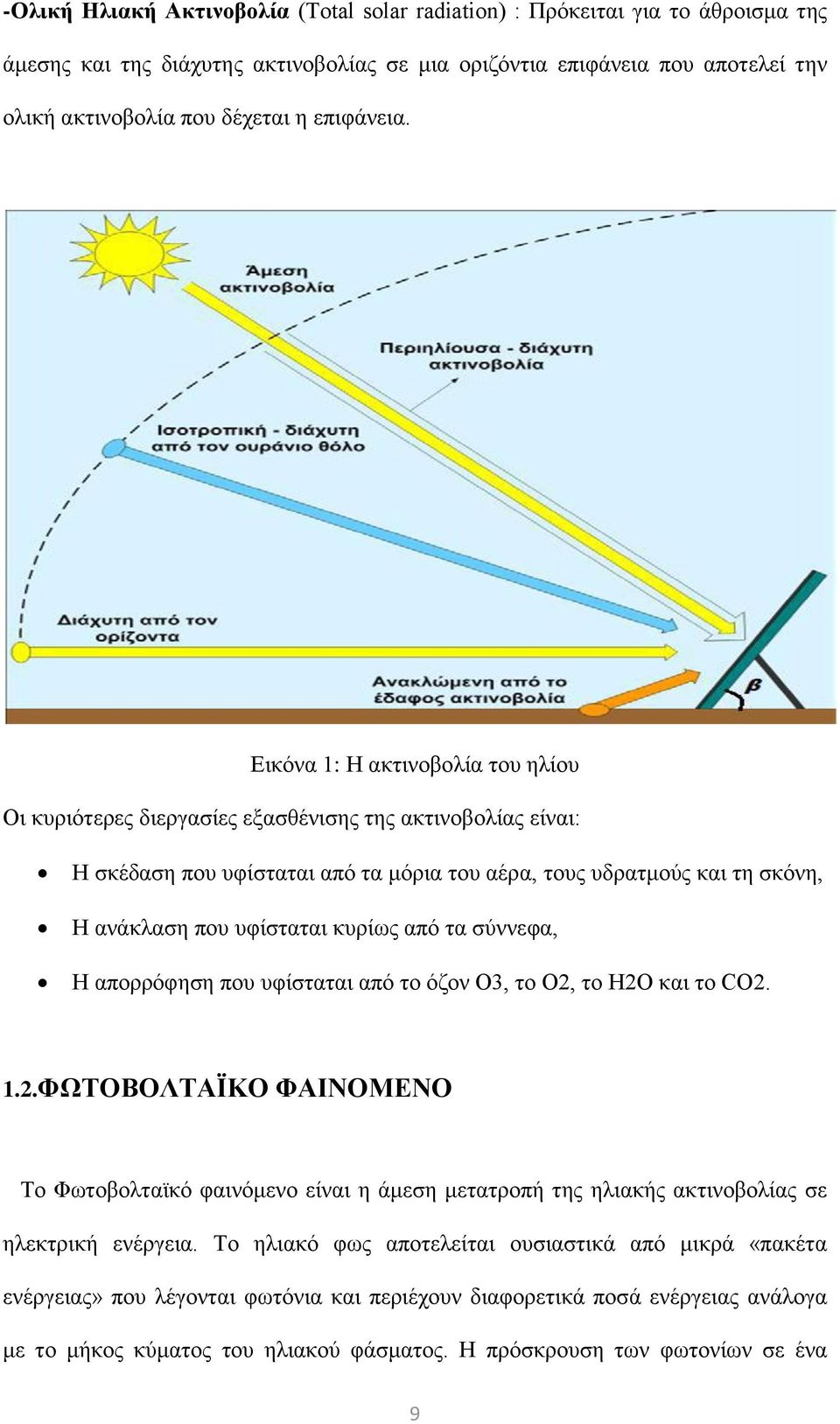 Εικόνα 1: Η ακτινοβολία του ηλίου Οι κυριότερες διεργασίες εξασθένισης της ακτινοβολίας είναι: Η σκέδαση που υφίσταται από τα μόρια του αέρα, τους υδρατμούς και τη σκόνη, Η ανάκλαση που υφίσταται