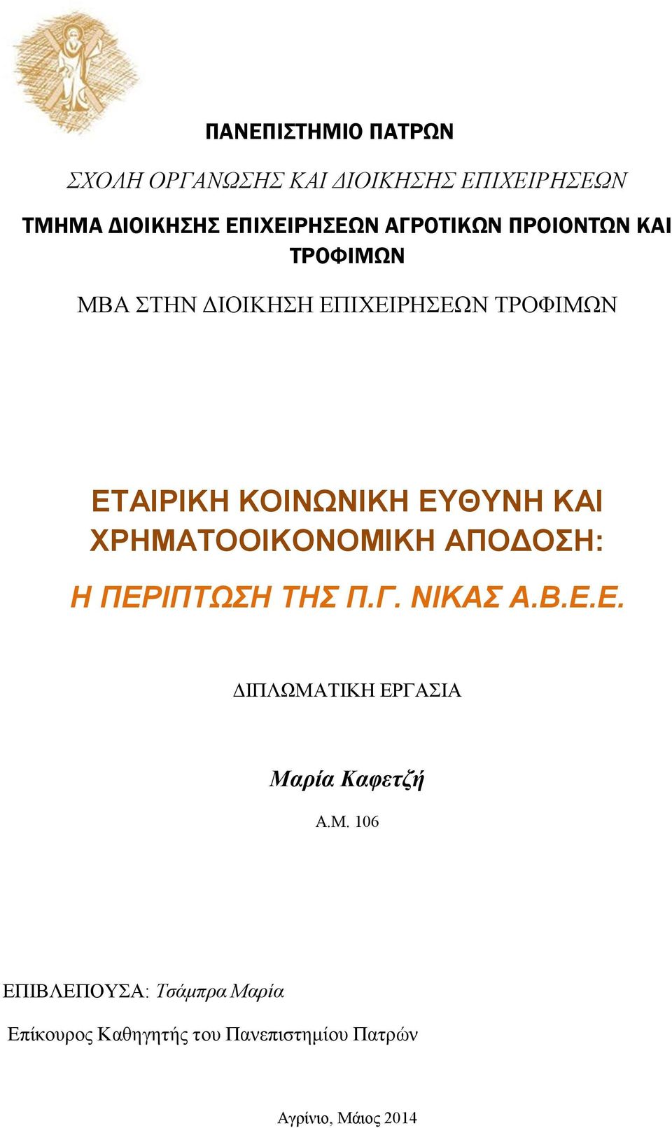 ΕΥΘΥΝΗ ΚΑΙ ΧΡΗΜΑΤΟΟΙΚΟΝΟΜΙΚΗ ΑΠΟΔΟΣΗ: Η ΠΕΡΙΠΤΩΣΗ ΤΗΣ Π.Γ. ΝΙΚΑΣ Α.Β.Ε.Ε. ΔΙΠΛΩΜΑΤΙΚΗ ΕΡΓΑΣΙΑ Α.