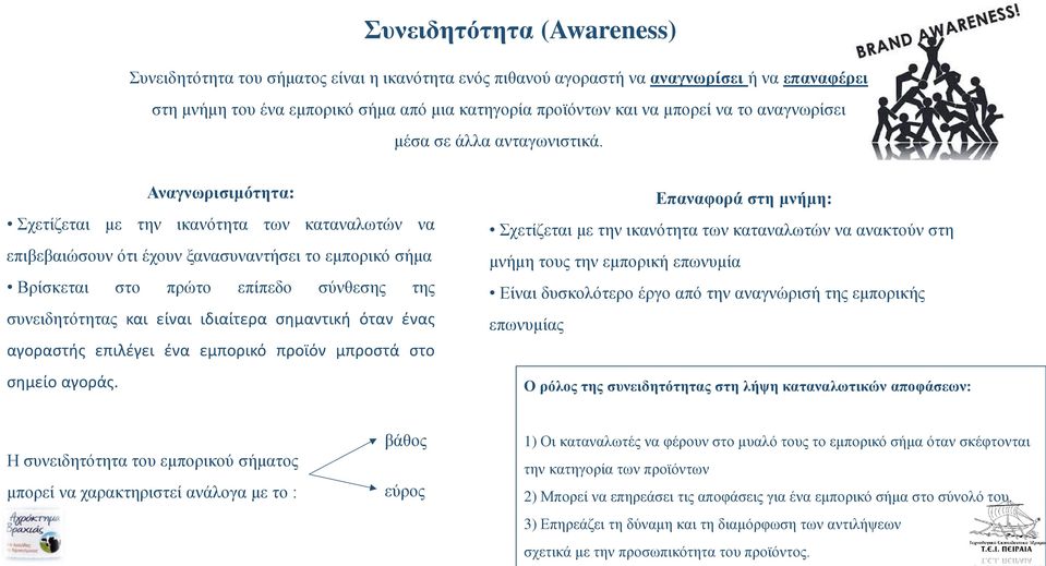 Αναγνωρισιμότητα: Σχετίζεται με την ικανότητα των καταναλωτών να επιβεβαιώσουν ότι έχουν ξανασυναντήσει το εμπορικό σήμα Βρίσκεται στο πρώτο επίπεδο σύνθεσης της συνειδητότητας και είναι ιδιαίτερα