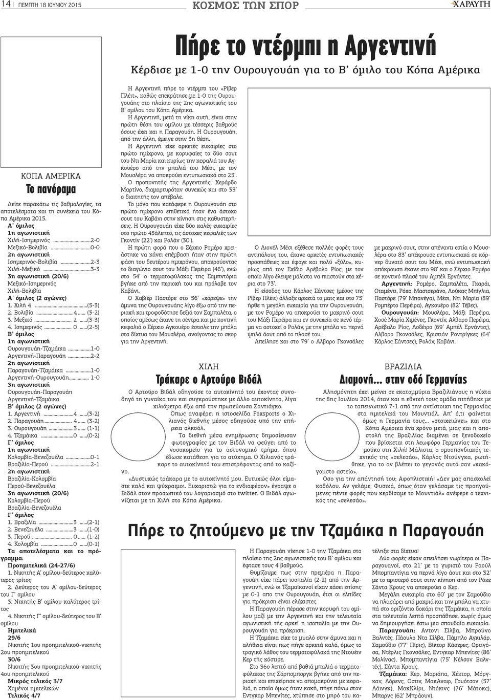 ..3-3 3η αγωνιστική (20/6) Μεξικό-Ισημερινός Χιλή-Βολιβία Α όμιλος (2 αγώνες) 1. Χιλή 4...(5-3) 2. Βολιβία...4... (3-2) 3. Μεξικό... 2...(3-3) 4. Ισημερινός... 0.