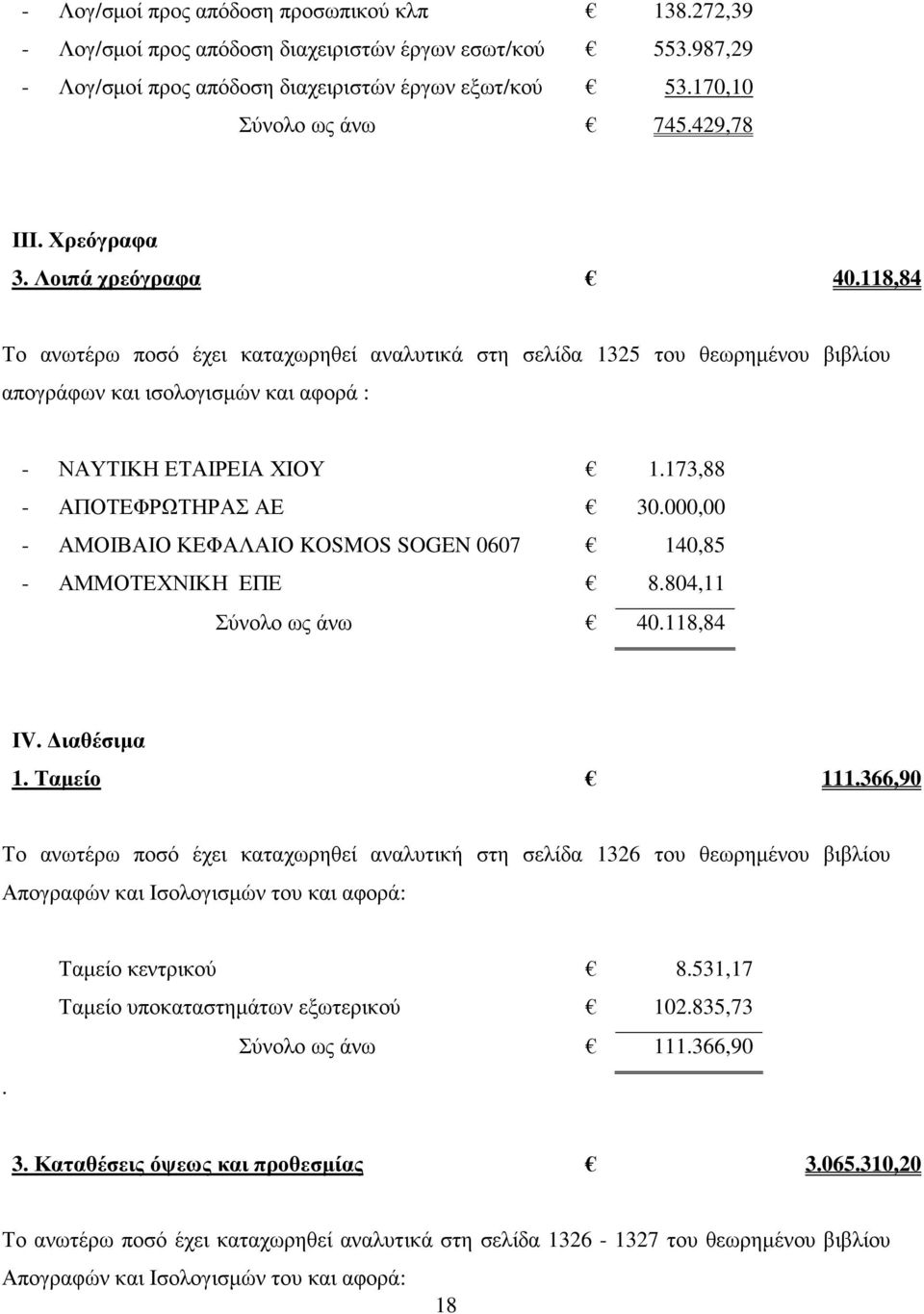 173,88 - ΑΠΟΤΕΦΡΩΤΗΡΑΣ ΑΕ 30.000,00 - ΑΜΟΙΒΑΙΟ ΚΕΦΑΛΑΙΟ KOSMOS SOGEN 0607 140,85 - ΑΜΜΟΤΕΧΝΙΚΗ ΕΠΕ 8.804,11 Σύνολο ως άνω 40.118,84 ΙV. ιαθέσιµα 1. Ταµείο 111.