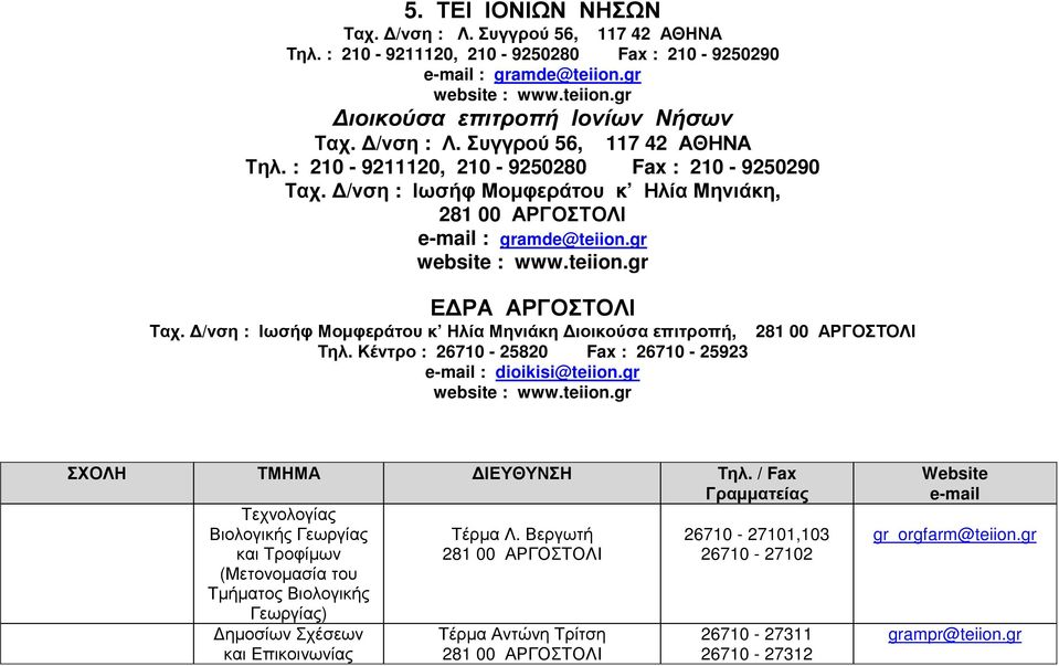 Κέντρο : 26710-25820 Fax : 26710-25923 : dioikisi@teiion.gr website : www.teiion.gr Τεχνολογίας Βιολογικής Γεωργίας Τέρµα Λ.