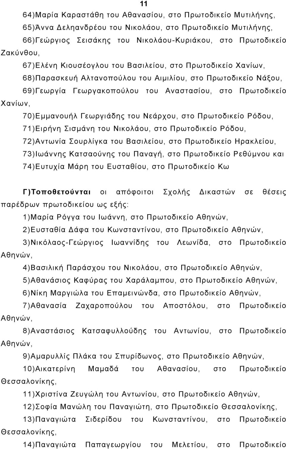 70)Εµµανουήλ Γεωργιάδης του Νεάρχου, στο Πρωτοδικείο Ρόδου, 71)Ειρήνη Σισµάνη του Νικολάου, στο Πρωτοδικείο Ρόδου, 72)Αντωνία Σουρλίγκα του Βασιλείου, στο Πρωτοδικείο Ηρακλείου, 73)Ιωάννης Κατσαούνης