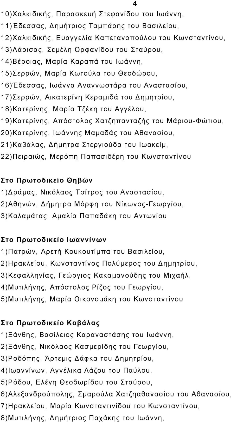 Αγγέλου, 19)Κατερίνης, Απόστολος Χατζηπανταζής του Μάριου-Φώτιου, 20)Κατερίνης, Ιωάννης Μαµαδάς του Αθανασίου, 21)Καβάλας, ήµητρα Στεργιούδα του Ιωακείµ, 22)Πειραιώς, Μερόπη Παπασιδέρη του