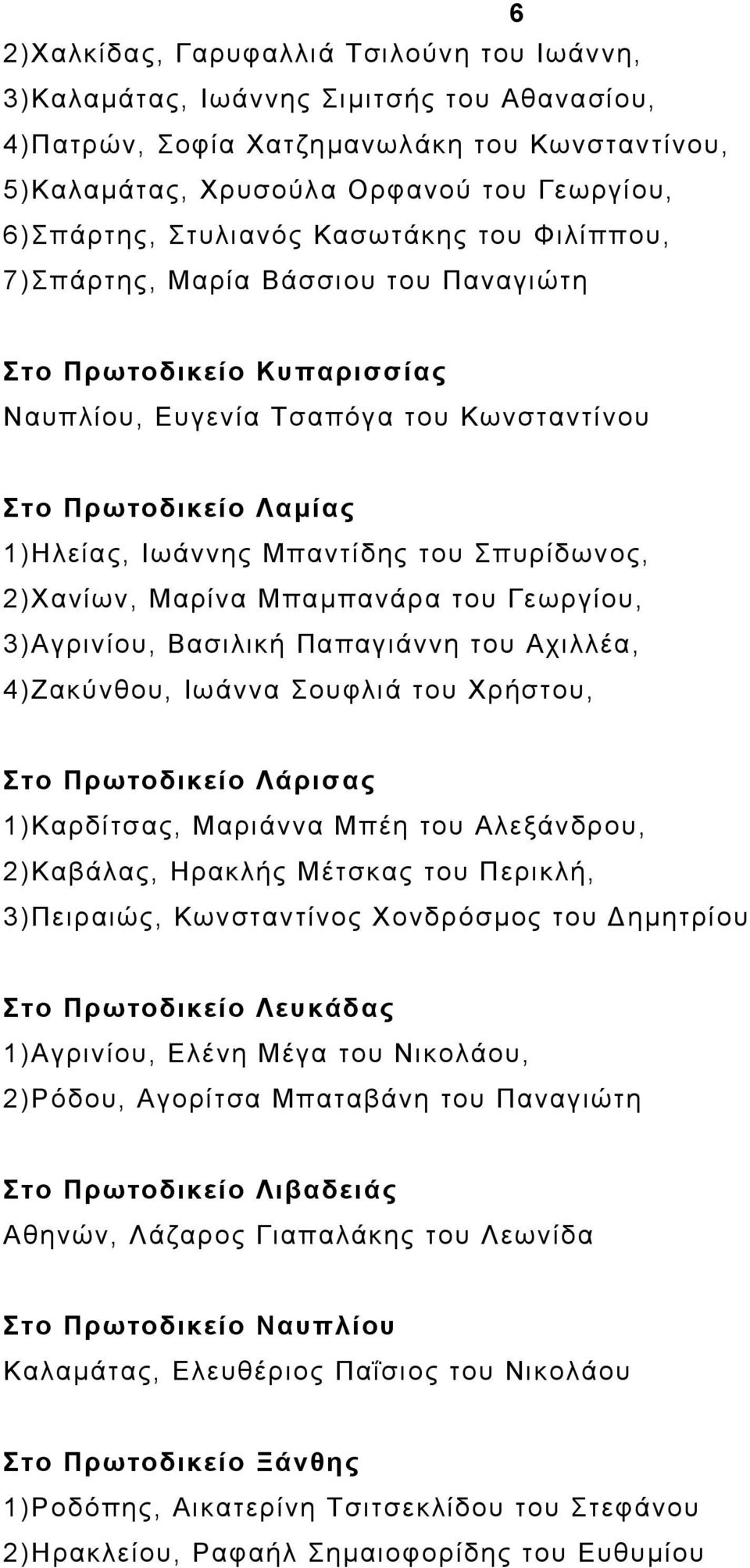 Σπυρίδωνος, 2)Χανίων, Μαρίνα Μπαµπανάρα του Γεωργίου, 3)Αγρινίου, Βασιλική Παπαγιάννη του Αχιλλέα, 4)Ζακύνθου, Ιωάννα Σουφλιά του Χρήστου, Στο Πρωτοδικείο Λάρισας 1)Καρδίτσας, Μαριάννα Μπέη του