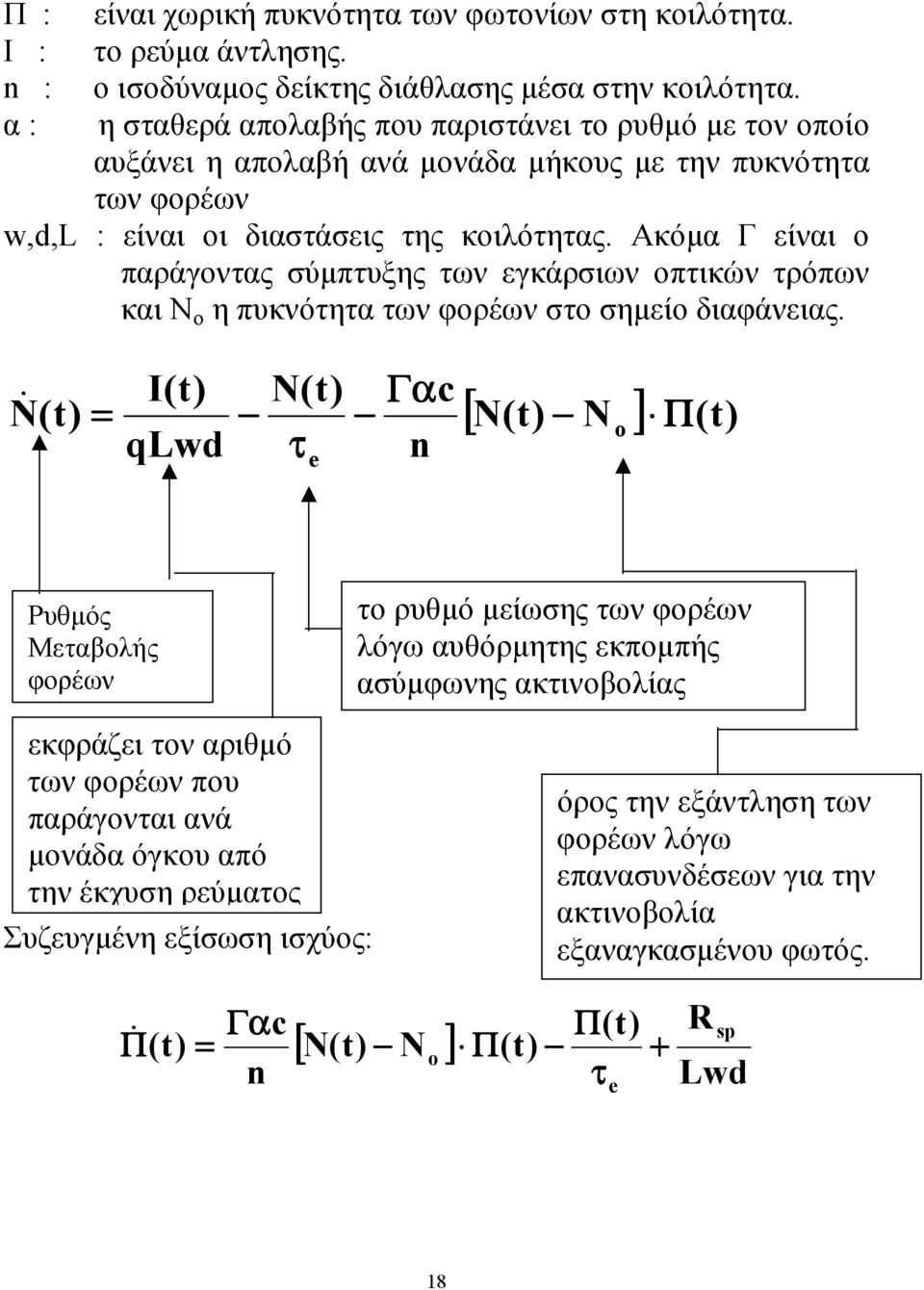 Ακόµα Γ είναι ο παράγοντας σύµπτυξης των εγκάρσιων οπτικών τρόπων και Ν ο η πυκνότητα των φορέων στο σηµείο διαφάνειας.