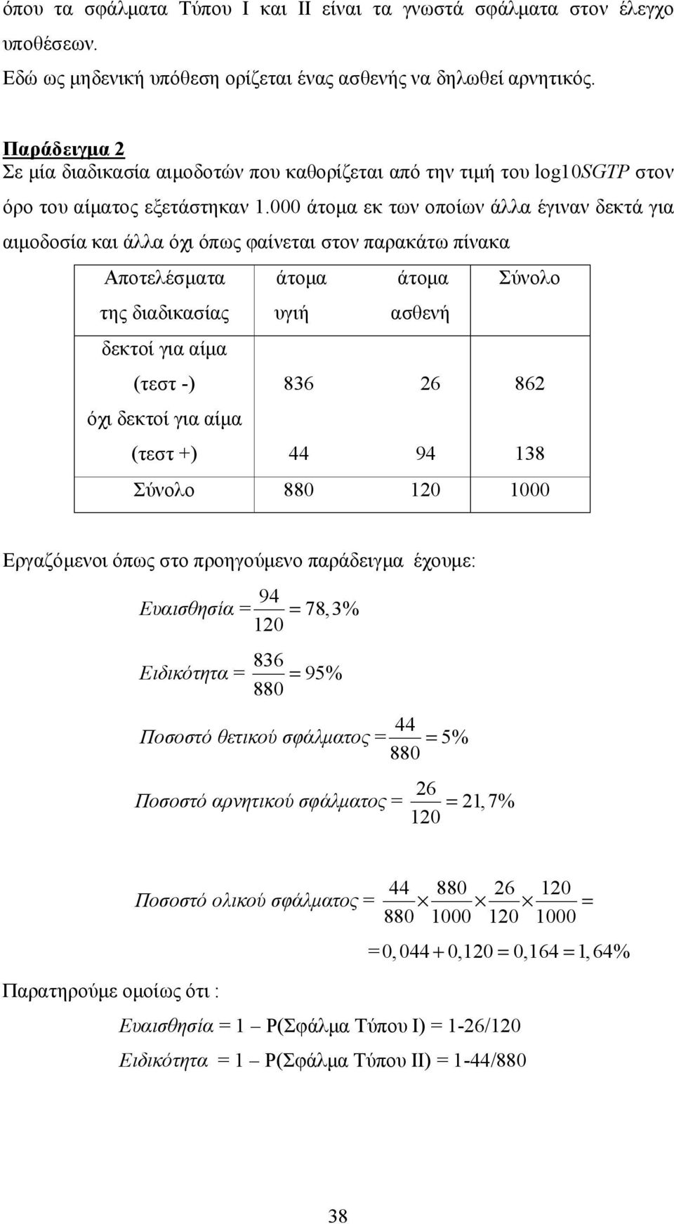 000 άτομα εκ των οποίων άλλα έγιναν δεκτά για αιμοδοσία και άλλα όχι όπως φαίνεται στον παρακάτω πίνακα Αποτελέσματα της διαδικασίας δεκτοί για αίμα (τεστ - όχι δεκτοί για αίμα (τεστ + άτομα υγιή