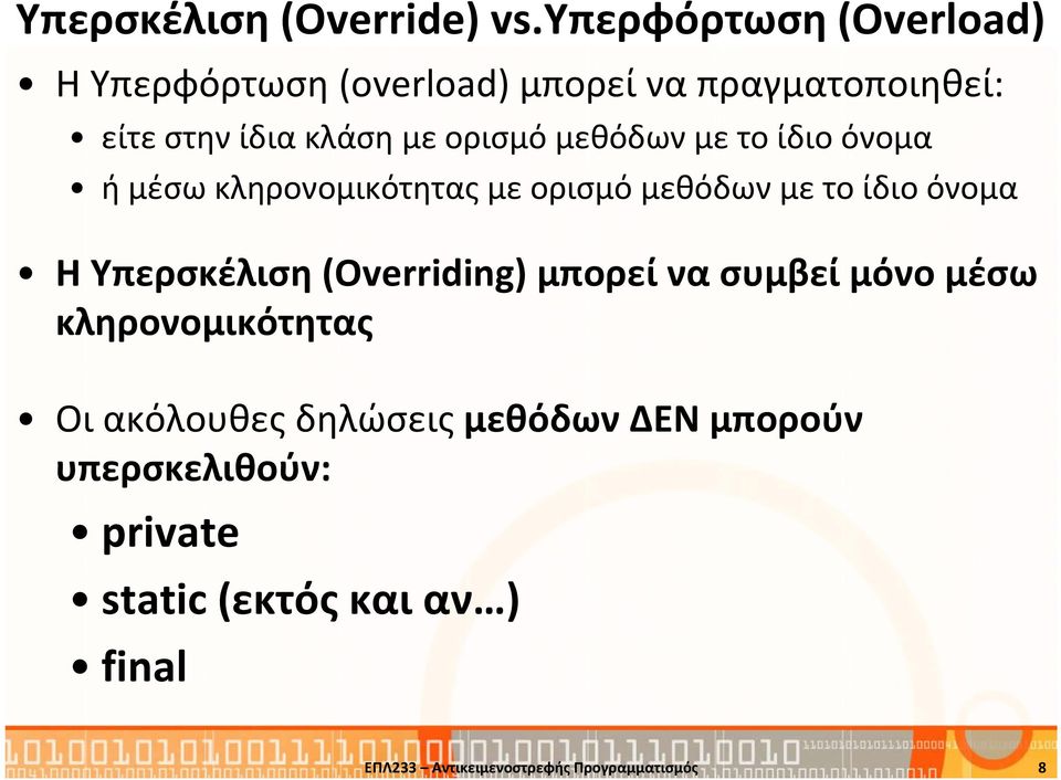 μεθόδων με το ίδιο όνομα ή μέσω κληρονομικότητας με ορισμό μεθόδων με το ίδιο όνομα Η Υπερσκέλιση