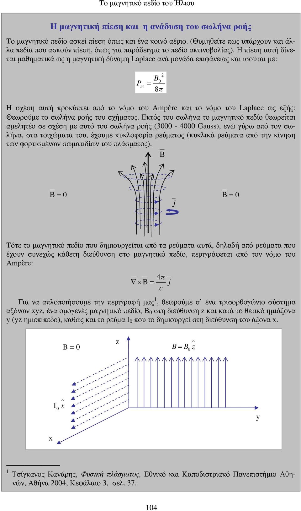 Η πίεση αυτή δίνεται µαθηµατικά ως η µαγνητική δύναµη Laplae ανά µονάδα επιφάνειας και ισούται µε: P m = Η σχέση αυτή προκύπτει από το νόµο του Ampère και το νόµο του Laplae ως εξής: Θεωρούµε το