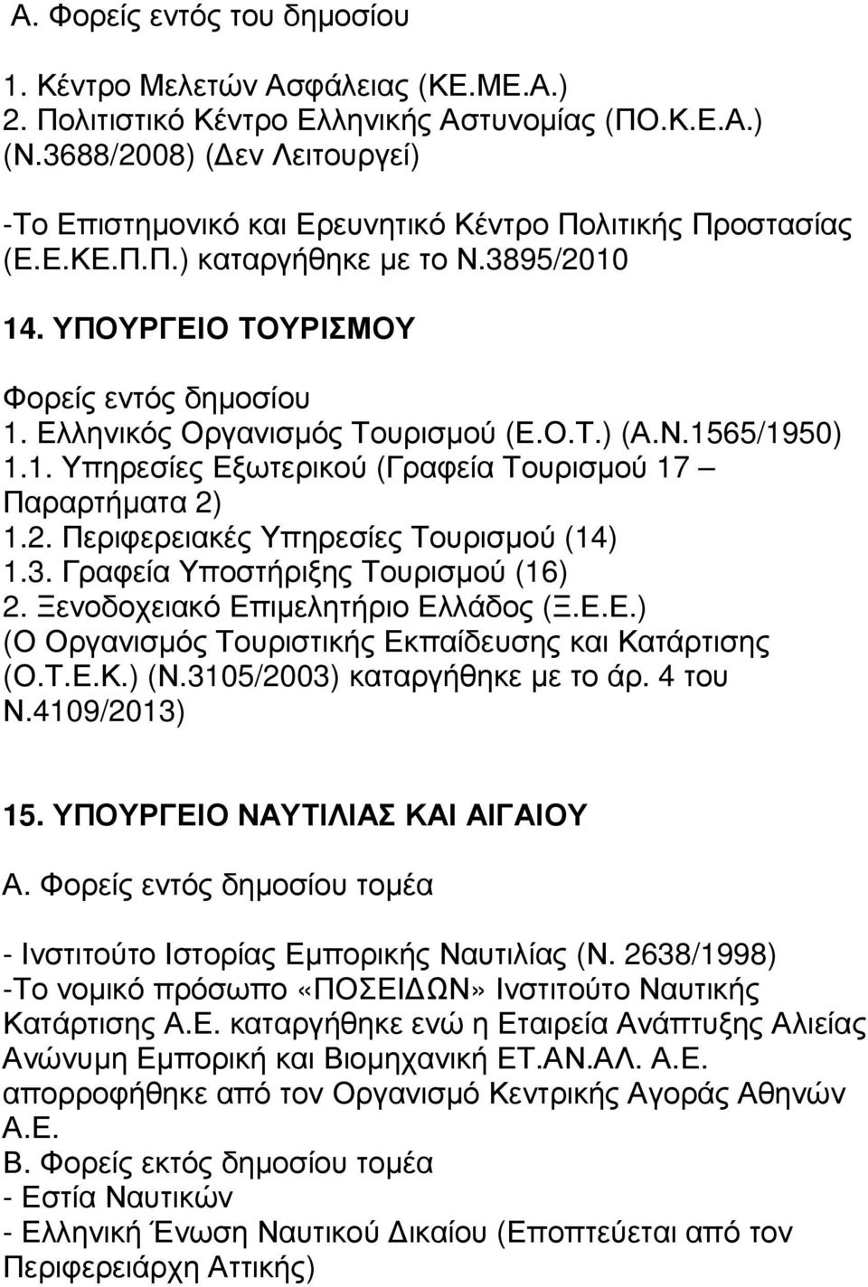 Ελληνικός Οργανισµός Τουρισµού (Ε.Ο.Τ.) (Α.Ν.1565/1950) 1.1. Υπηρεσίες Εξωτερικού (Γραφεία Τουρισµού 17 Παραρτήµατα 2) 1.2. Περιφερειακές Υπηρεσίες Τουρισµού (14) 1.3.