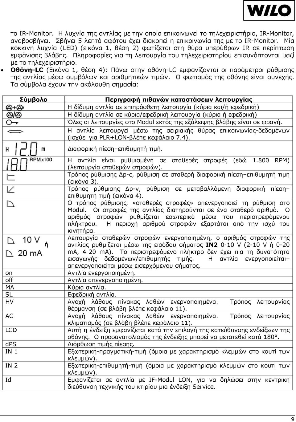 Οθόνη-LC (Εικόνα 1, θέση 4): Πάνω στην οθόνη-lc εμφανίζονται οι παράμετροι ρύθμισης της αντλίας μέσω συμβόλων και αριθμητικών τιμών. Ο φωτισμός της οθόνης είναι συνεχής.