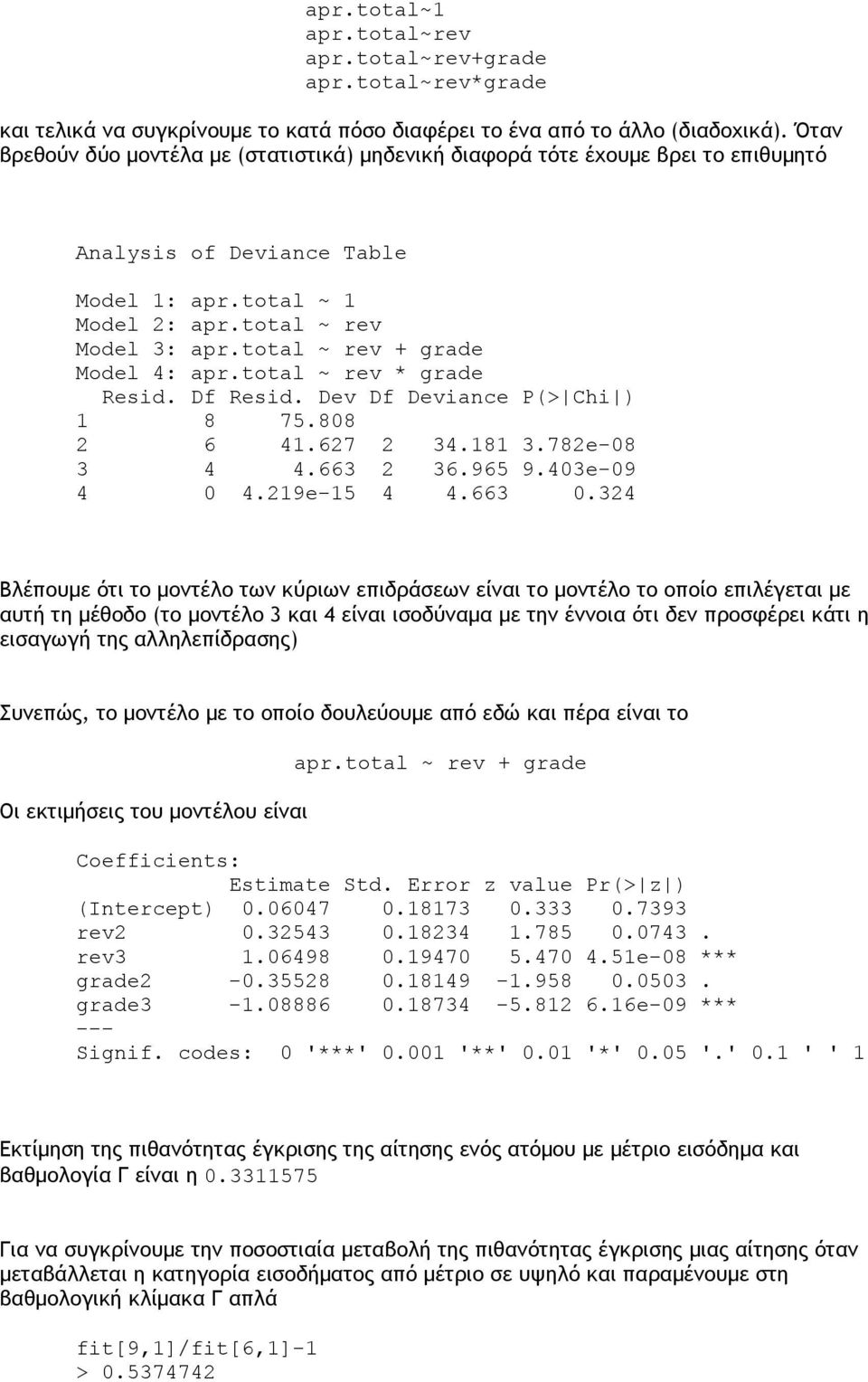 total ~ rev + grade Model 4: apr.total ~ rev * grade Resid. Df Resid. Dev Df Deviance P(> Chi ) 1 8 75.808 2 6 41.627 2 34.181 3.782e-08 3 4 4.663 2 36.965 9.403e-09 4 0 4.219e-15 4 4.663 0.