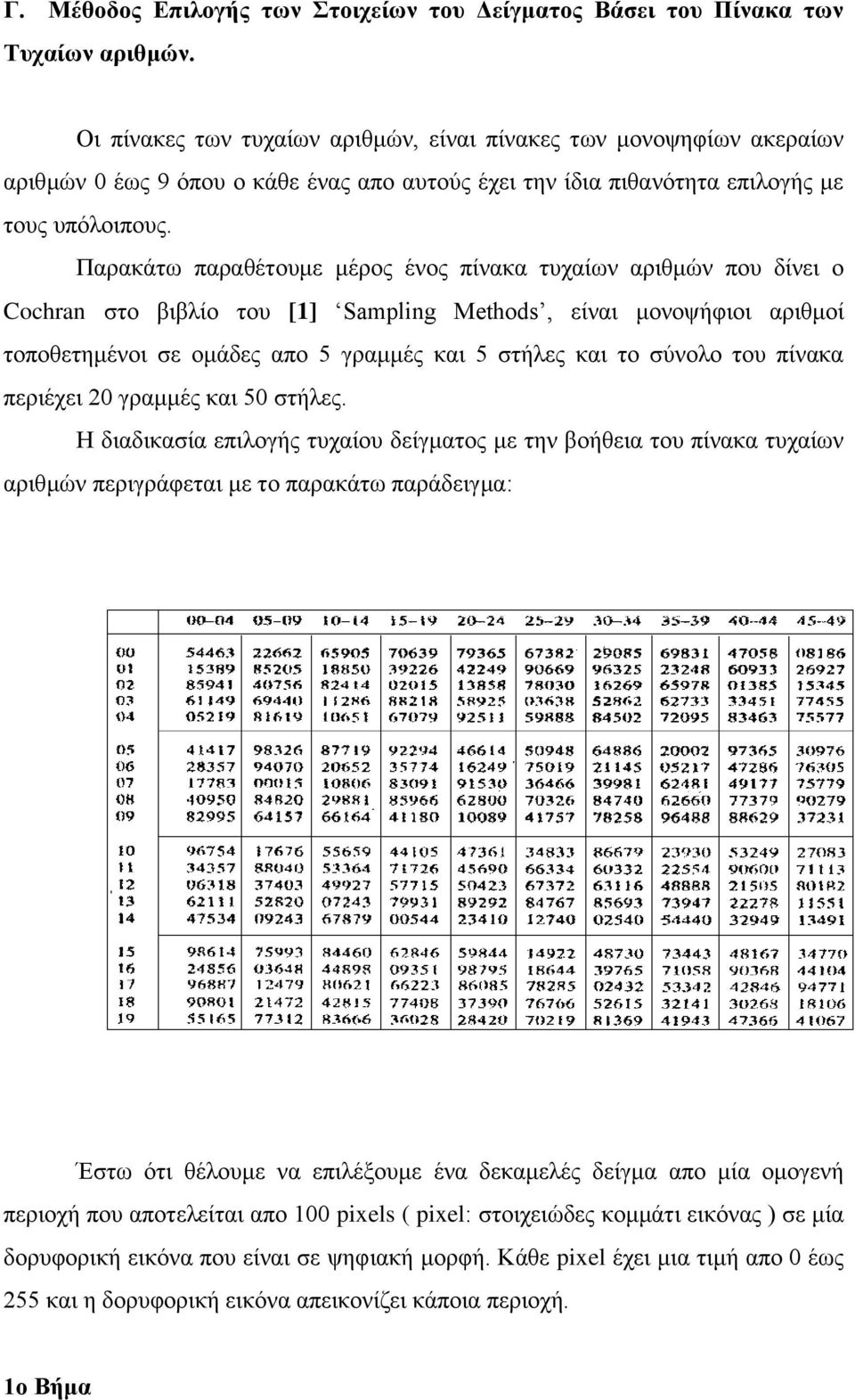 Παρακάτω παραθέτουμε μέρος ένος πίνακα τυχαίων αριθμών που δίνει ο Cochran στο βιβλίο του [] Samplng Methods, είναι μονοψήφιοι αριθμοί τοποθετημένοι σε ομάδες απο 5 γραμμές και 5 στήλες και το σύνολο