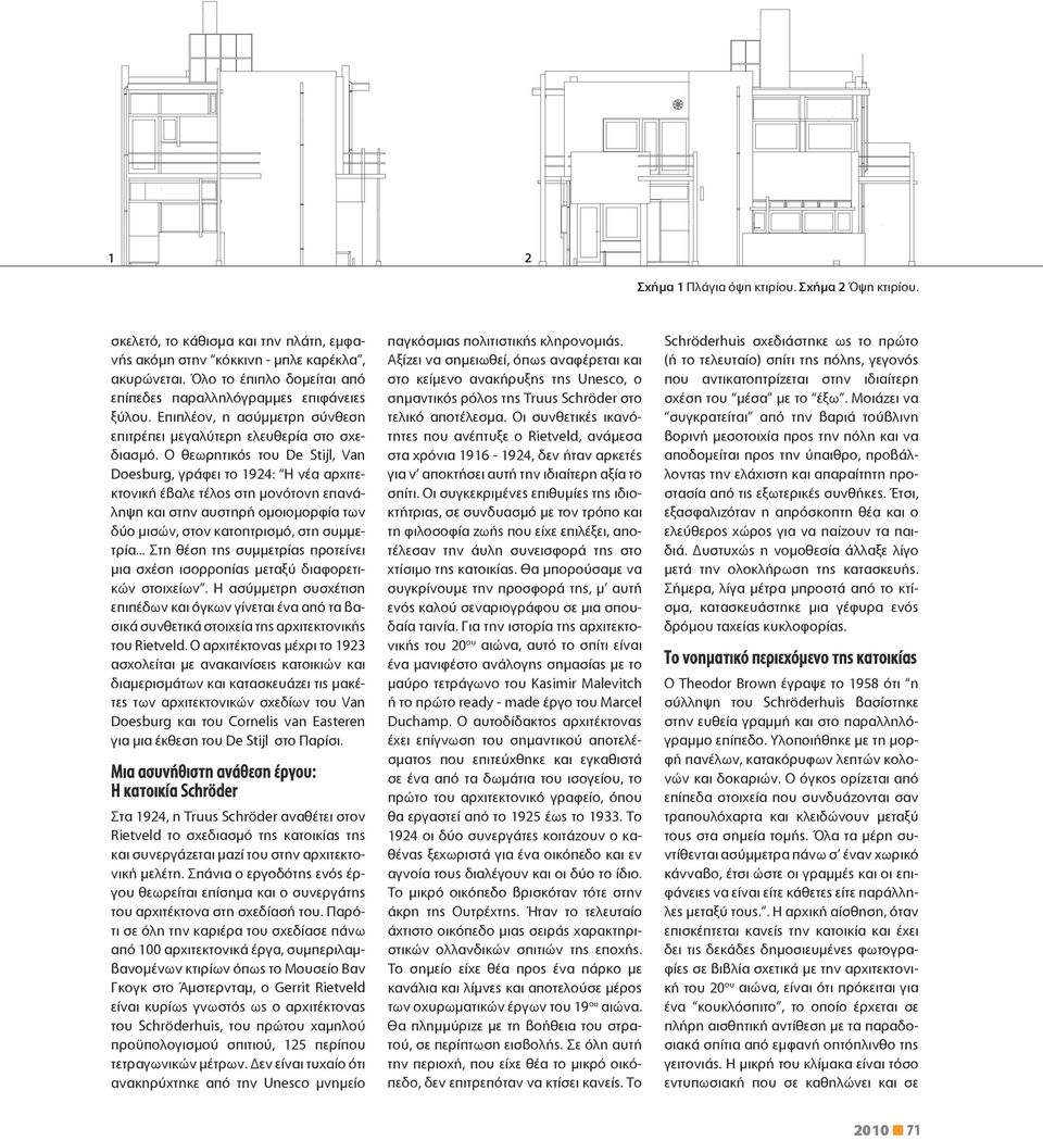 Ο θεωρητικός του De Stijl, Van Doesburg, γράφει το 1924: Η νέα αρχιτεκτονική έβαλε τέλος στη μονότονη επανάληψη και στην αυστηρή ομοιομορφία των δύο μισών, στον κατοπτρισμό, στη συμμετρία.