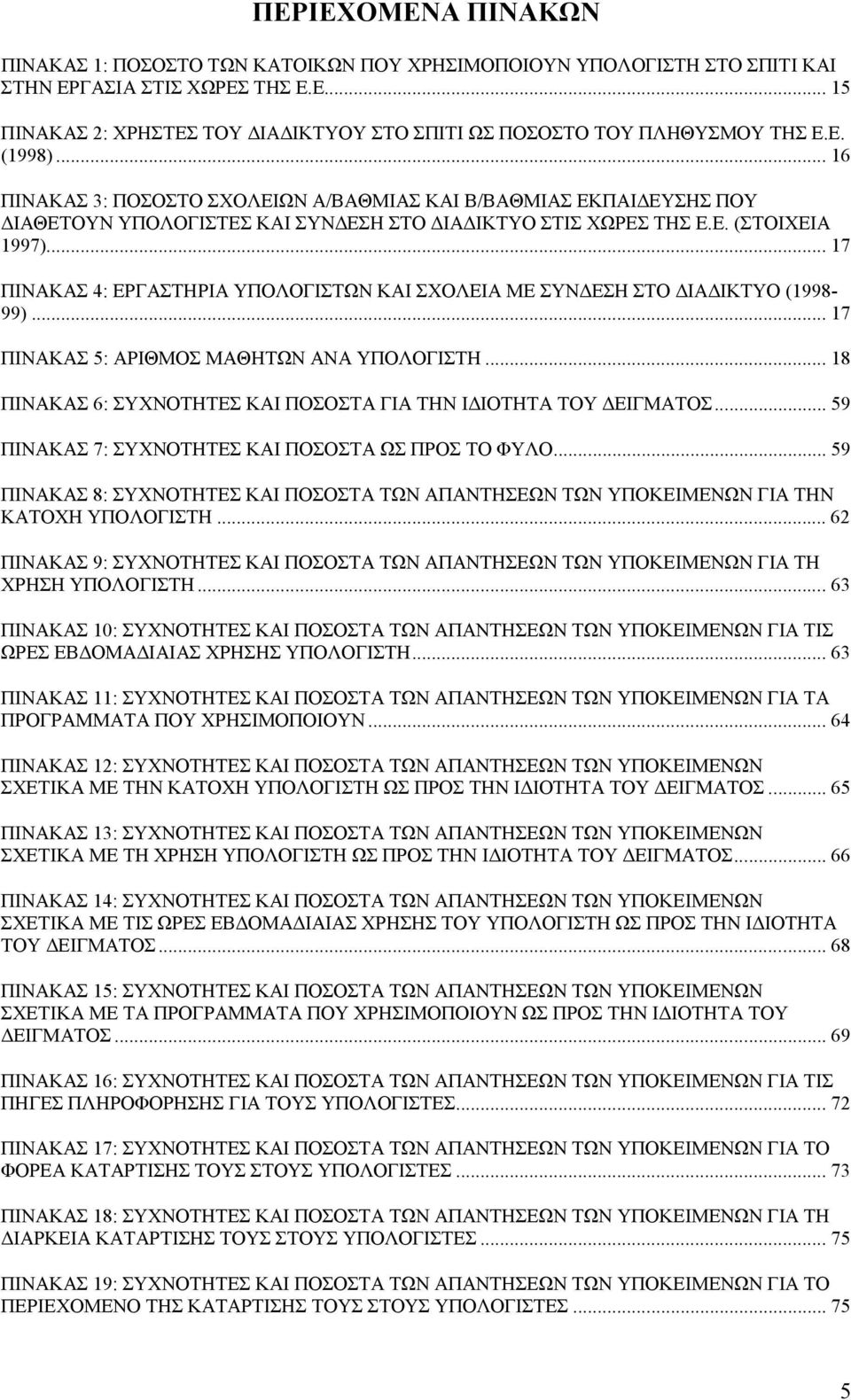 .. 17 ΠΙΝΑΚΑΣ 4: ΕΡΓΑΣΤΗΡΙΑ ΥΠΟΛΟΓΙΣΤΩΝ ΚΑΙ ΣΟΛΕΙΑ ΜΕ ΣΥΝ ΕΣΗ ΣΤΟ ΙΑ ΙΚΤΥΟ (1998-99)... 17 ΠΙΝΑΚΑΣ 5: ΑΡΙΘΜΟΣ ΜΑΘΗΤΩΝ ΑΝΑ ΥΠΟΛΟΓΙΣΤΗ... 18 ΠΙΝΑΚΑΣ 6: ΣΥΝΟΤΗΤΕΣ ΚΑΙ ΠΟΣΟΣΤΑ ΓΙΑ ΤΗΝ Ι ΙΟΤΗΤΑ ΤΟΥ ΕΙΓΜΑΤΟΣ.