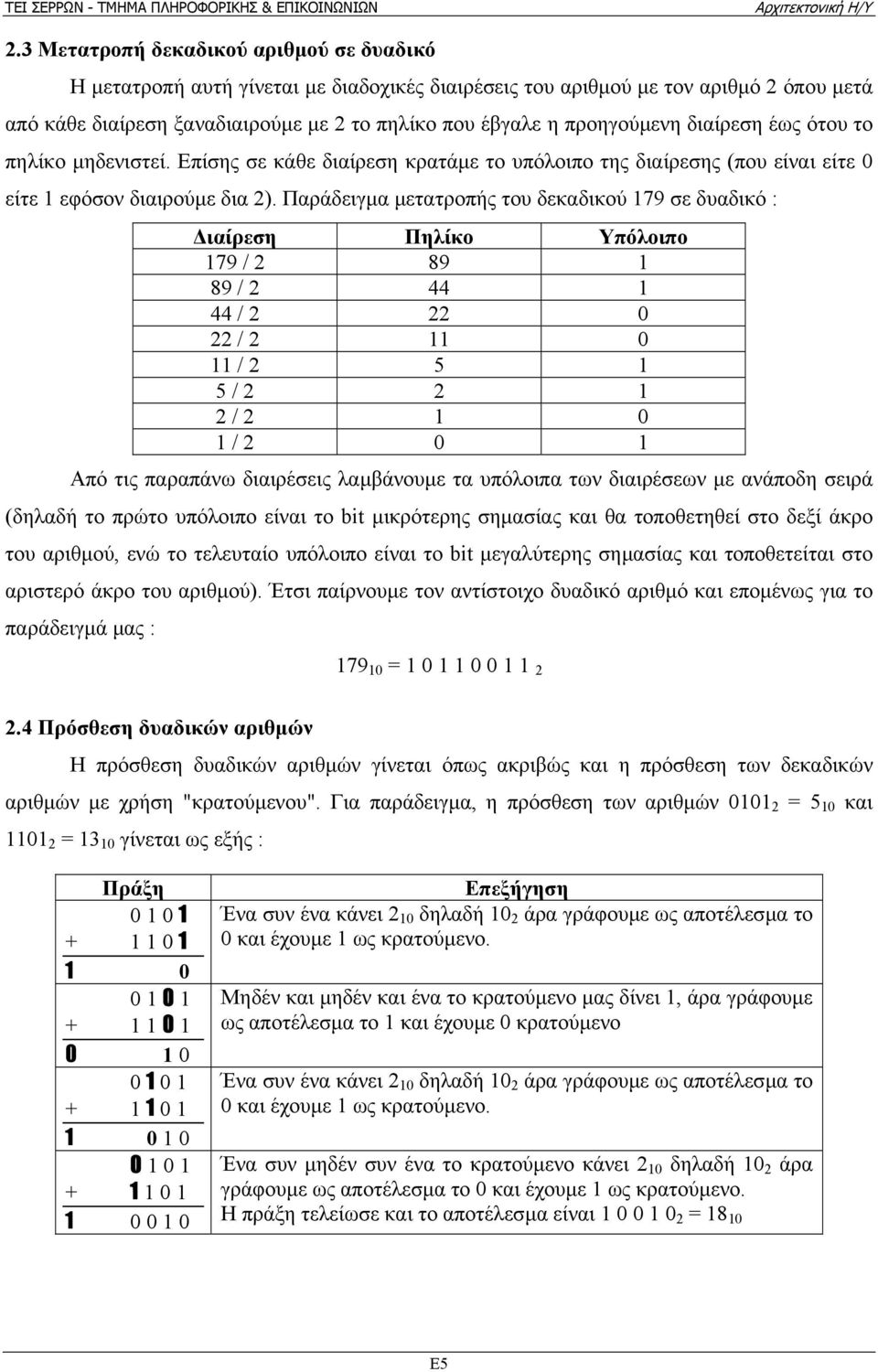 Παράδειγµα µετατροπής του δεκαδικού 179 σε δυαδικό : ιαίρεση Πηλίκο Υπόλοιπο 179 / 2 89 1 89 / 2 44 1 44 / 2 22 0 22 / 2 11 0 11 / 2 5 1 5 / 2 2 1 2 / 2 1 0 1 / 2 0 1 Από τις παραπάνω διαιρέσεις