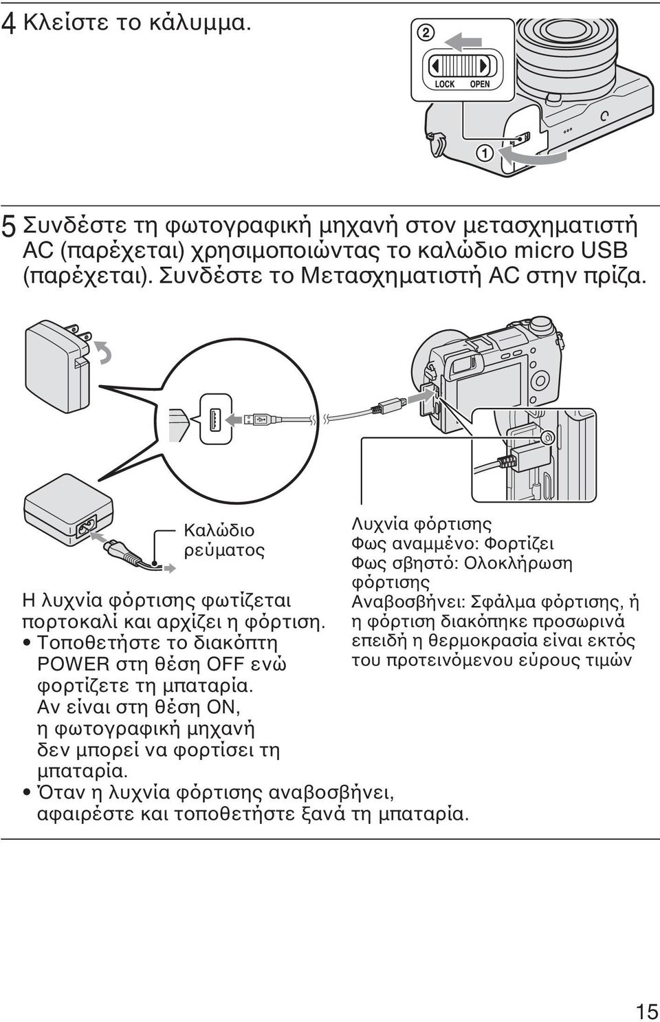 Τοποθετήστε το διακόπτη POWER στη θέση OFF ενώ φορτίζετε τη µπαταρία. Αν είναι στη θέση ON, η φωτογραφική µηχανή δεν µπορεί να φορτίσει τη µπαταρία.