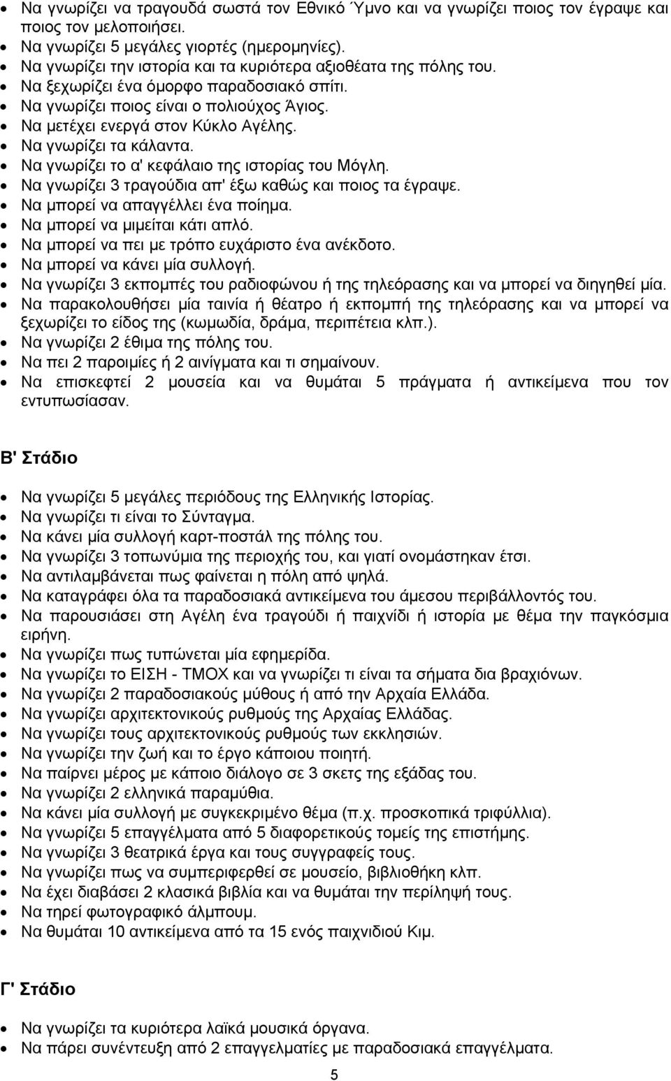 Να γνωρίζει τα κάλαντα. Να γνωρίζει το α' κεφάλαιο της ιστορίας του Μόγλη. Να γνωρίζει 3 τραγούδια απ' έξω καθώς και ποιος τα έγραψε. Να µπορεί να απαγγέλλει ένα ποίηµα.