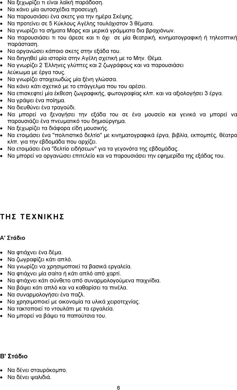 Να διηγηθεί µία ιστορία στην Αγέλη σχετική µε το Μην. Θέµα. Να γνωρίζει 2 Έλληνες γλύπτες και 2 ζωγράφους και να παρουσιάσει λεύκωµα µε έργα τους. Να γνωρίζει στοιχειωδώς µία ξένη γλώσσα.