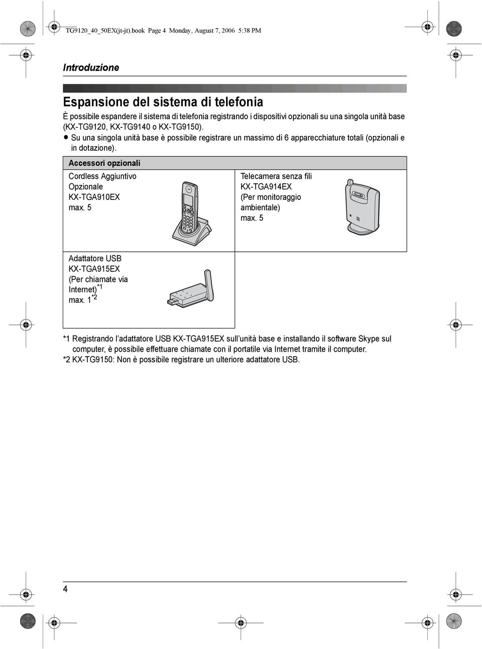 (KX-TG9120, KX-TG9140 o KX-TG9150). Su una singola unità base è possibile registrare un massimo di 6 apparecchiature totali (opzionali e in dotazione).