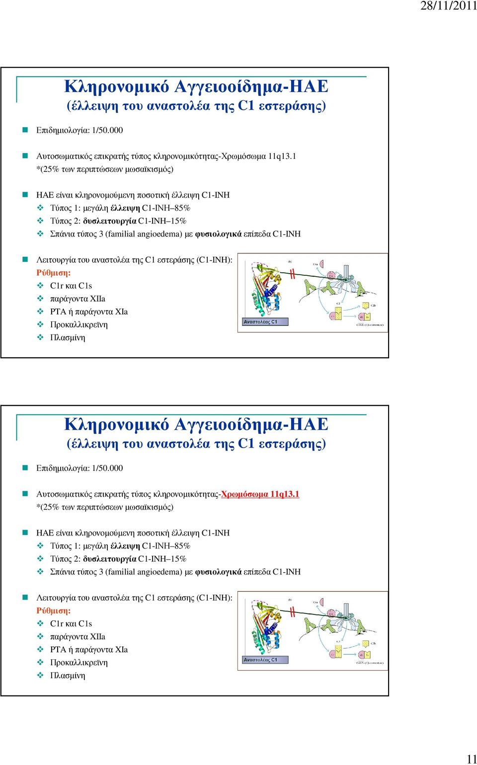 φυσιολογικά επίπεδα C1-INH Λειτουργία του αναστολέα της C1 εστεράσης (C1-INH): Ρύθµιση: C1r και C1s παράγοντα XIIa PTA ή παράγοντα XIa Προκαλλικρεϊνη Πλασµίνη 21  φυσιολογικά επίπεδα C1-INH