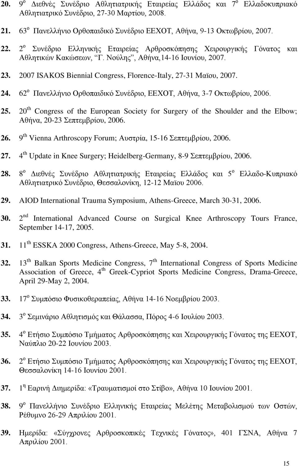 2007 ISAKOS Biennial Congress, Florence-Italy, 27-31 Ματνπ, 2007. 24. 62 ν Παλειιήλην Οξζνπαηδηθό πλέδξην, ΔΔΥΟΣ, Αζήλα, 3-7 Οθησβξίνπ, 2006. 25.