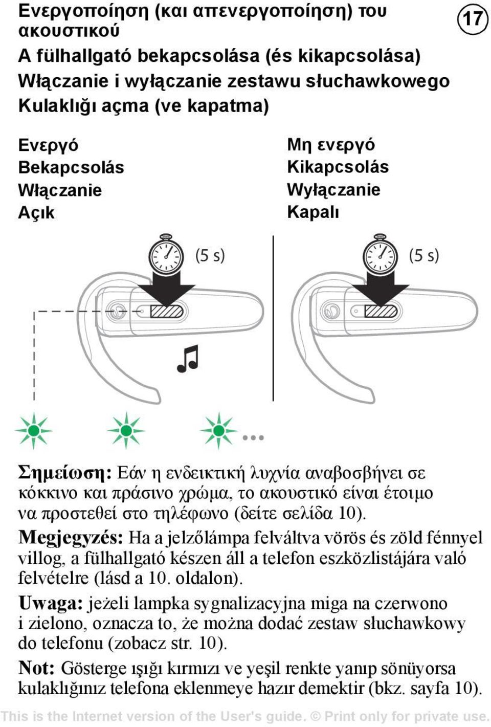 10). Megjegyzés: Ha a jelzőlámpa felváltva vörös és zöld fénnyel villog, a fülhallgató készen áll a telefon eszközlistájára való felvételre (lásd a 10. oldalon).