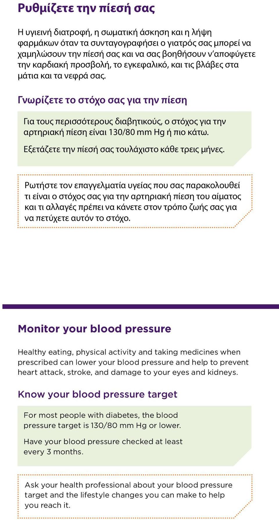 Γνωρίζετε το στόχο σας για την πίεση Για τους περισσότερους διαβητικούς, ο στόχος για την αρτηριακή πίεση είναι 130/80 mm Hg ή πιο κάτω. Εξετάζετε την πίεσή σας τουλάχιστο κάθε τρεις μήνες.
