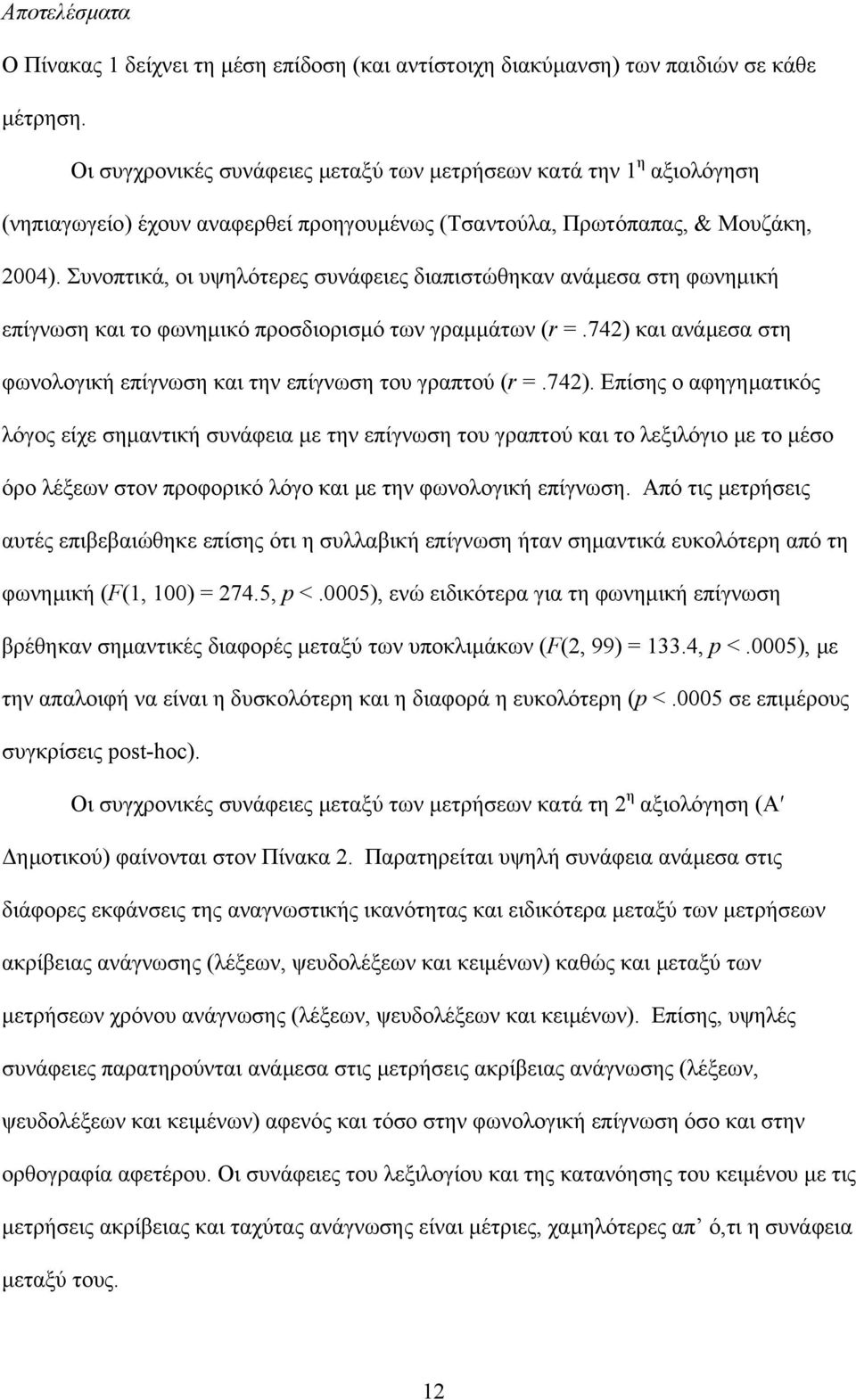 Συνοπτικά, οι υψηλότερες συνάφειες διαπιστώθηκαν ανάµεσα στη φωνηµική επίγνωση και το φωνηµικό προσδιορισµό των γραµµάτων (r =.