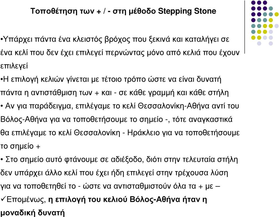 Βόλος-Αθήνα για να τοποθετήσουµε το σηµείο -, τότε αναγκαστικά θα επιλέγαµε το κελί Θεσσαλονίκη -Ηράκλειο για να τοποθετήσουµε το σηµείο + Στο σηµείο αυτό φτάνουµε σε αδιέξοδο, διότι στην