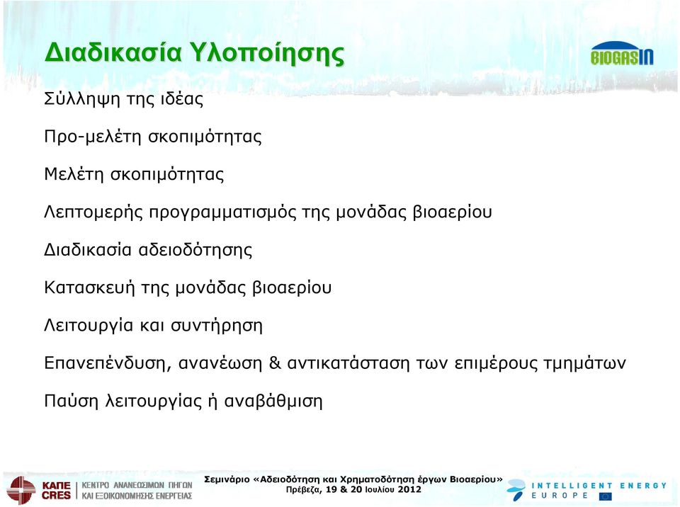 αδειοδότησης Κατασκευή της μονάδας βιοαερίου Λειτουργία και συντήρηση