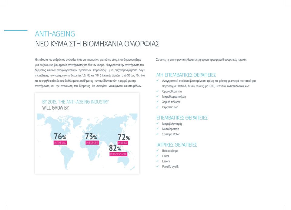 Λόγω της αύξησης των γεννήσεων τις δεκαετίες 50, 60 και 70 (ηλικιακές οµάδες από 30 έως 70ετών) και το υψηλό επίπεδο του διαθέσιµου εισοδήµατος των οµάδων αυτών, η αγορά για την αντιγήρανση και την